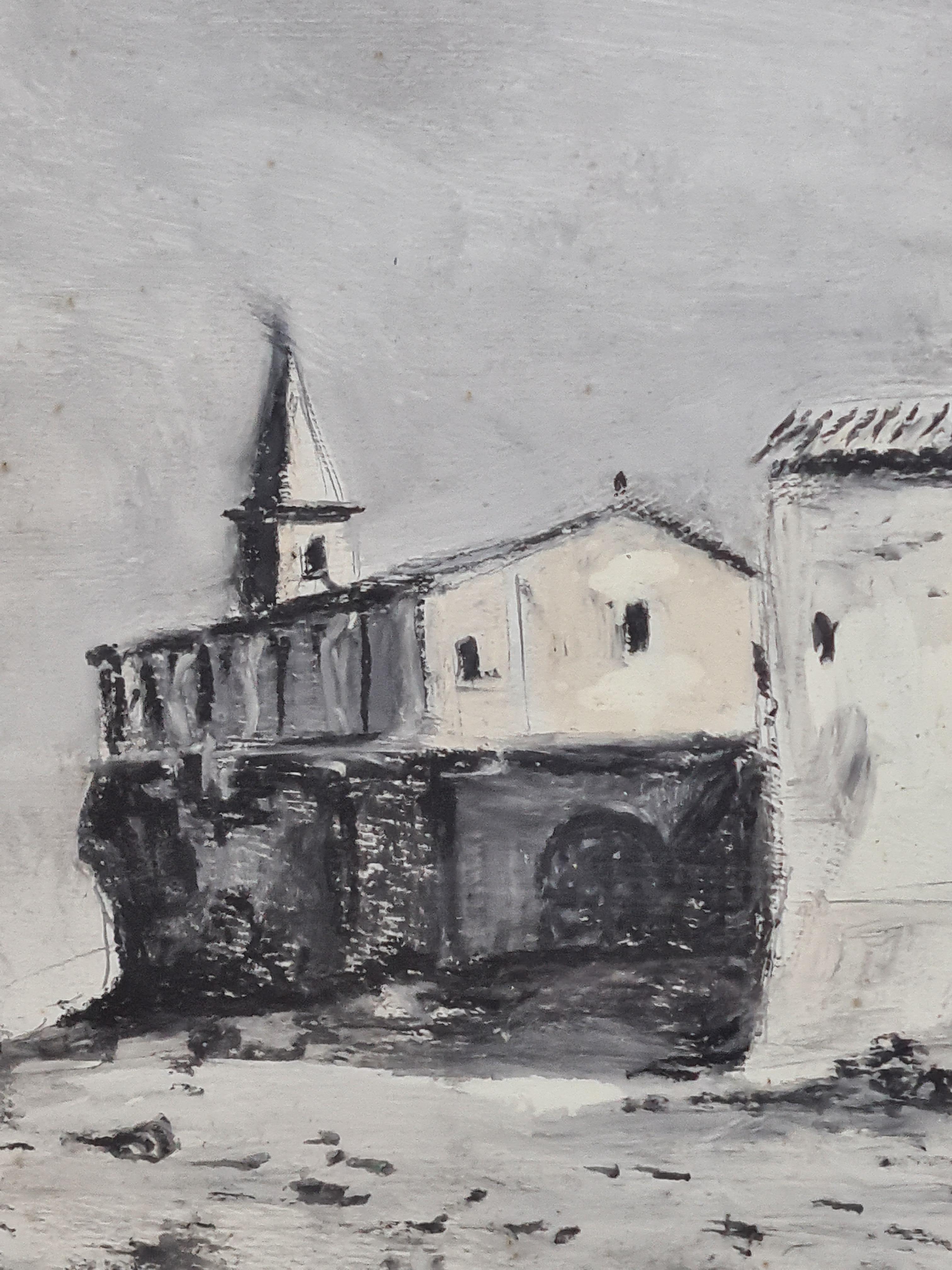 Französisches monochromes Aquarell aus der Mitte des Jahrhunderts, The Monastery (Post-Impressionismus), Art, von H Royere