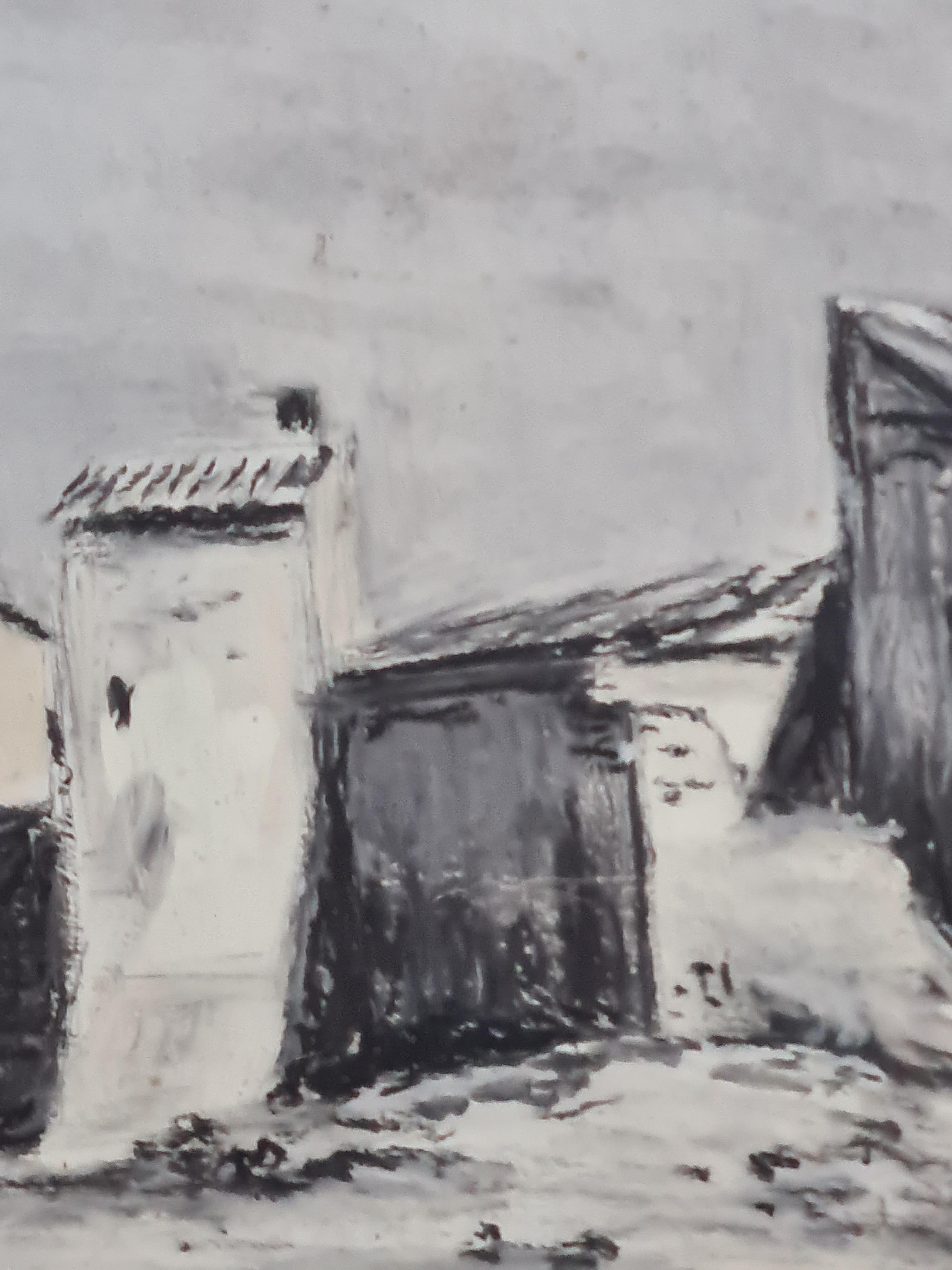 Französisches monochromes Aquarell aus der Mitte des Jahrhunderts, The Monastery (Blau), Landscape Art, von H Royere