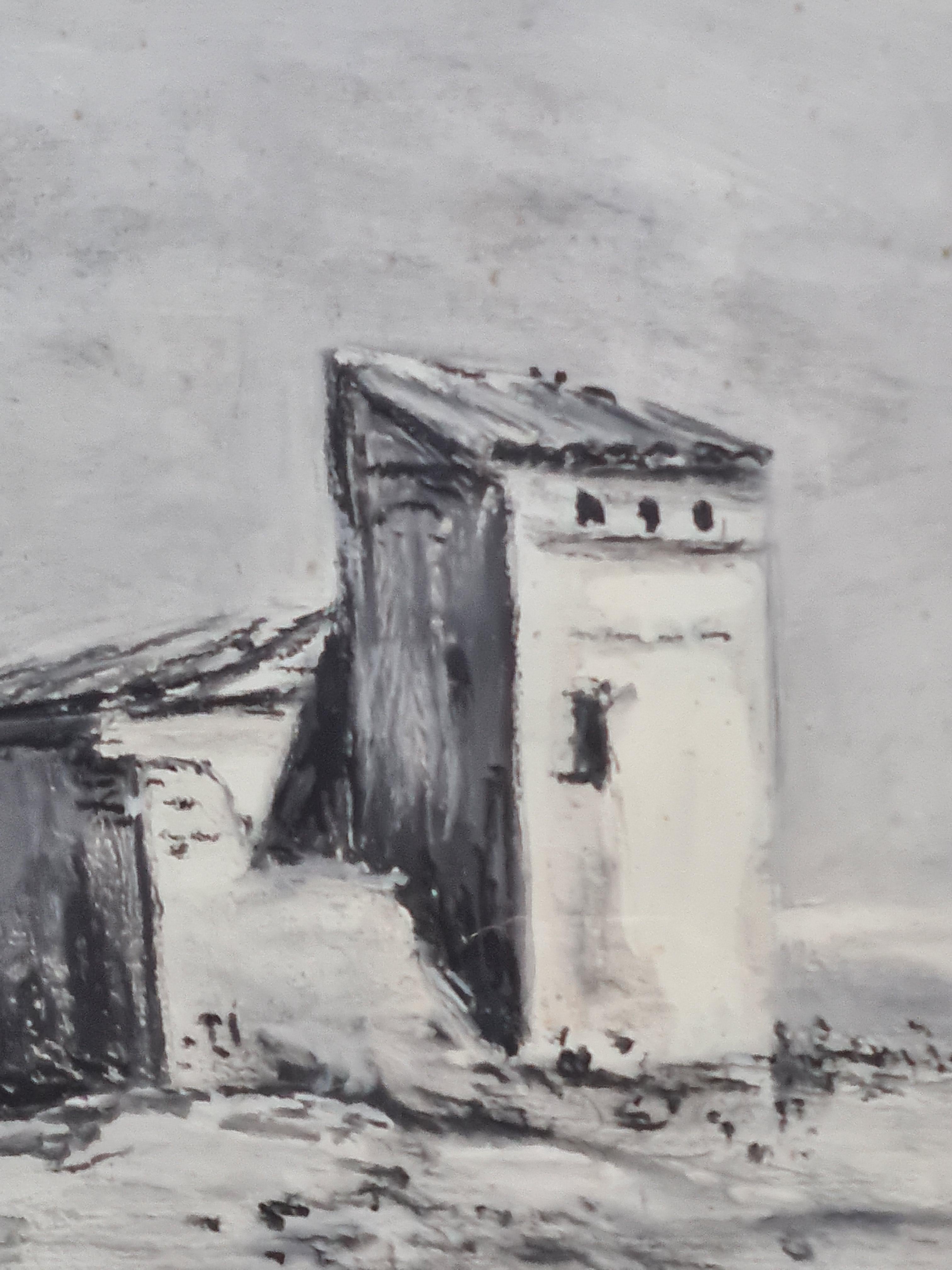 Französisches monochromes Aquarell einer Kirche und umliegender Gebäude aus der Mitte des Jahrhunderts von Henri Royere. Das Gemälde ist unten rechts signiert und wird in einem schlichten Holzrahmen unter Glas präsentiert.

Ein dramatisches Gemälde