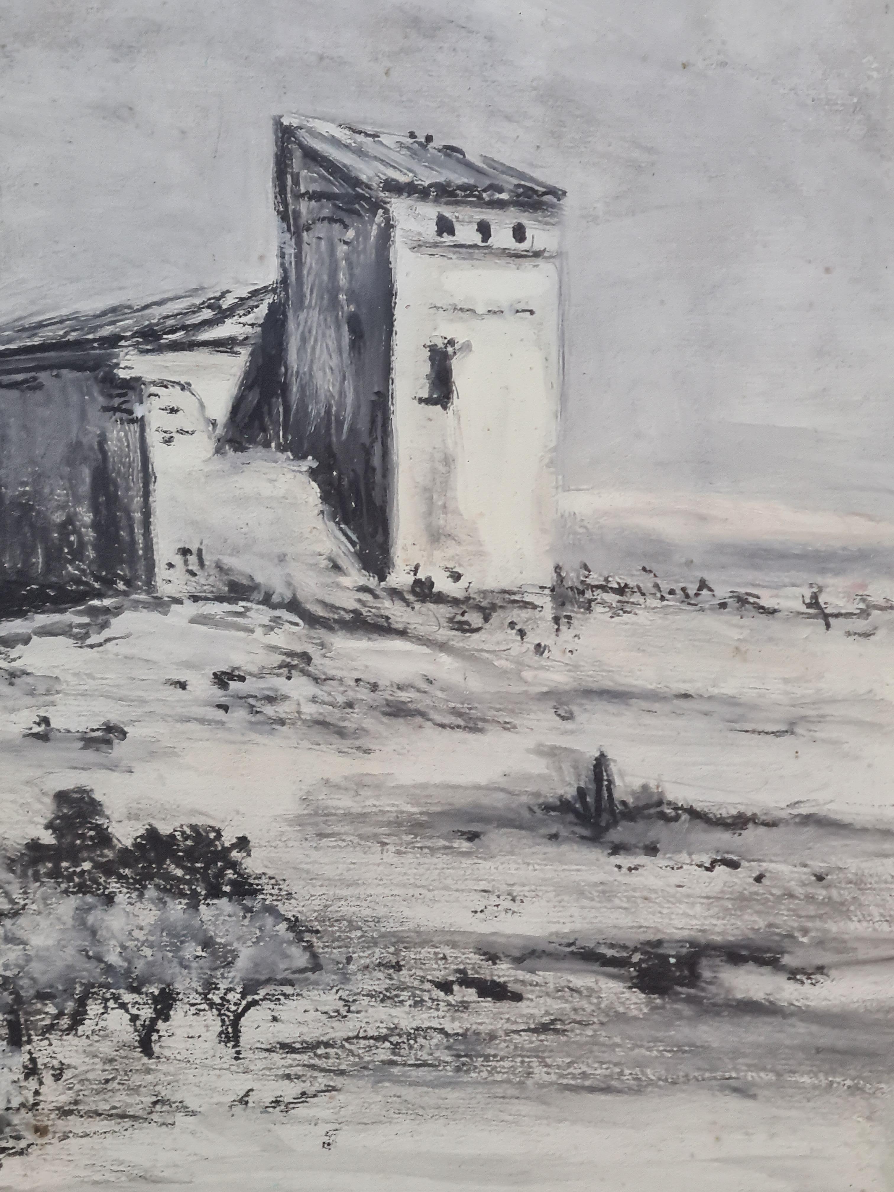 Französisches monochromes Aquarell aus der Mitte des Jahrhunderts, The Monastery im Angebot 2