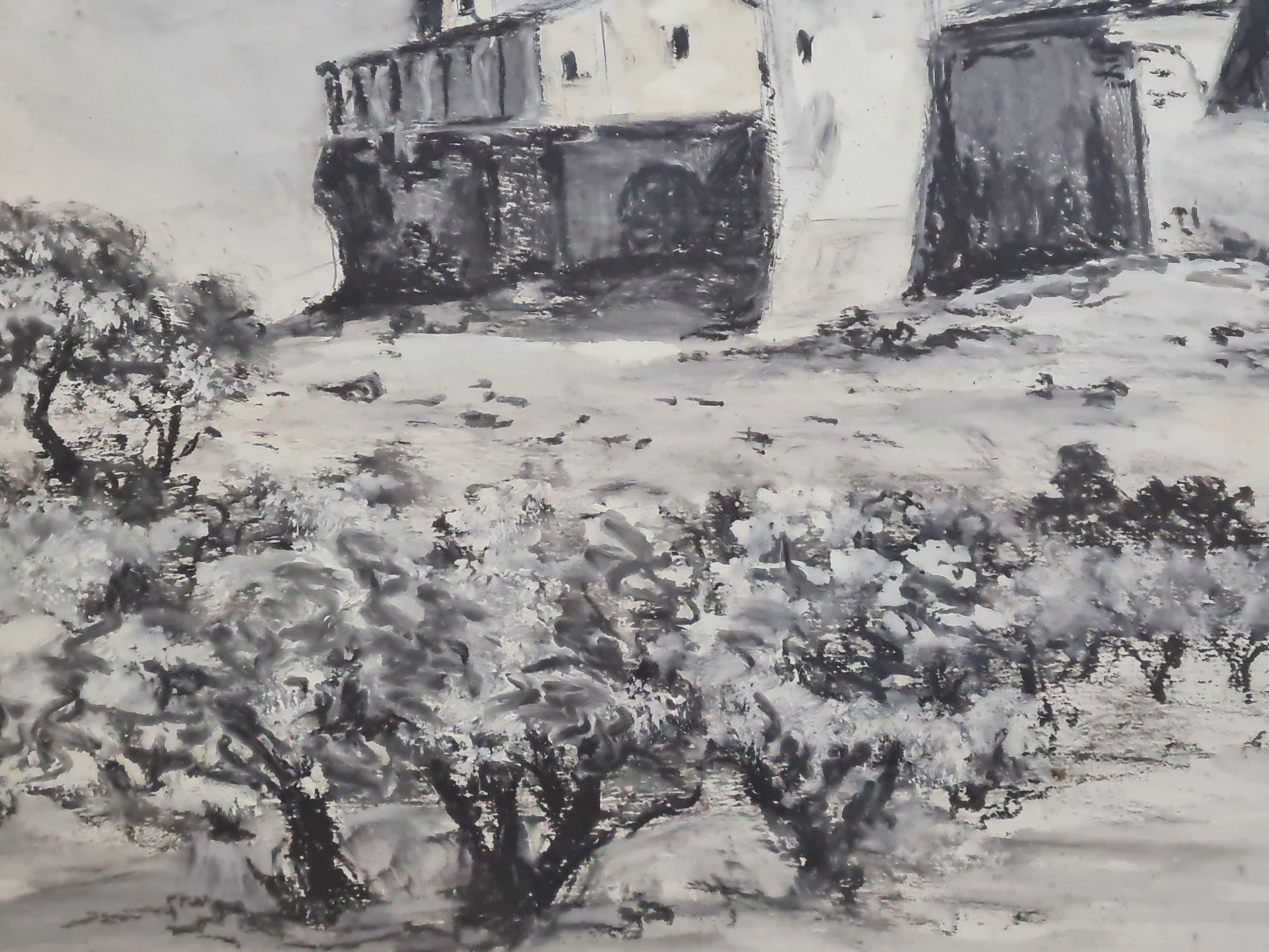 Französisches monochromes Aquarell aus der Mitte des Jahrhunderts, The Monastery im Angebot 1
