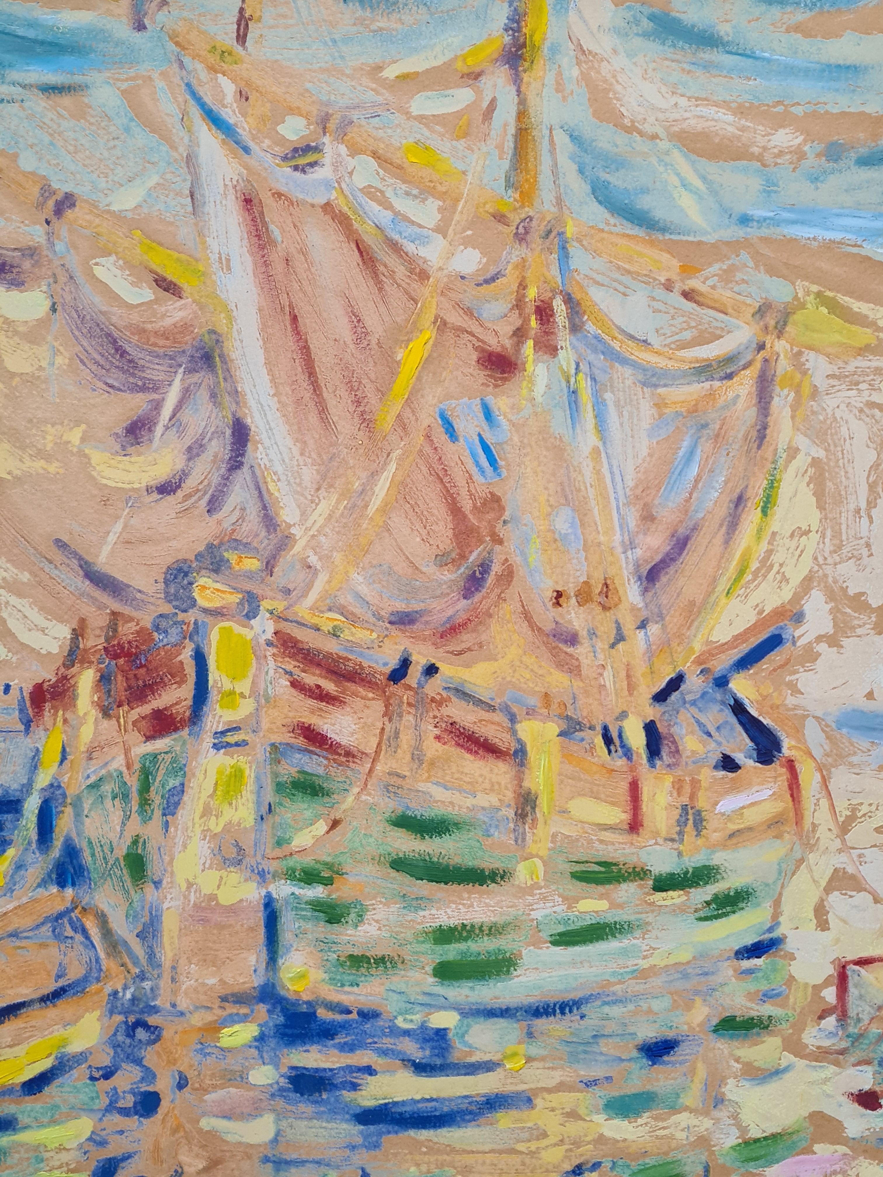 Gouache fauvista francés de veleros en puerto bajo un sol poniente. - Landscape Art Beige de Unknown