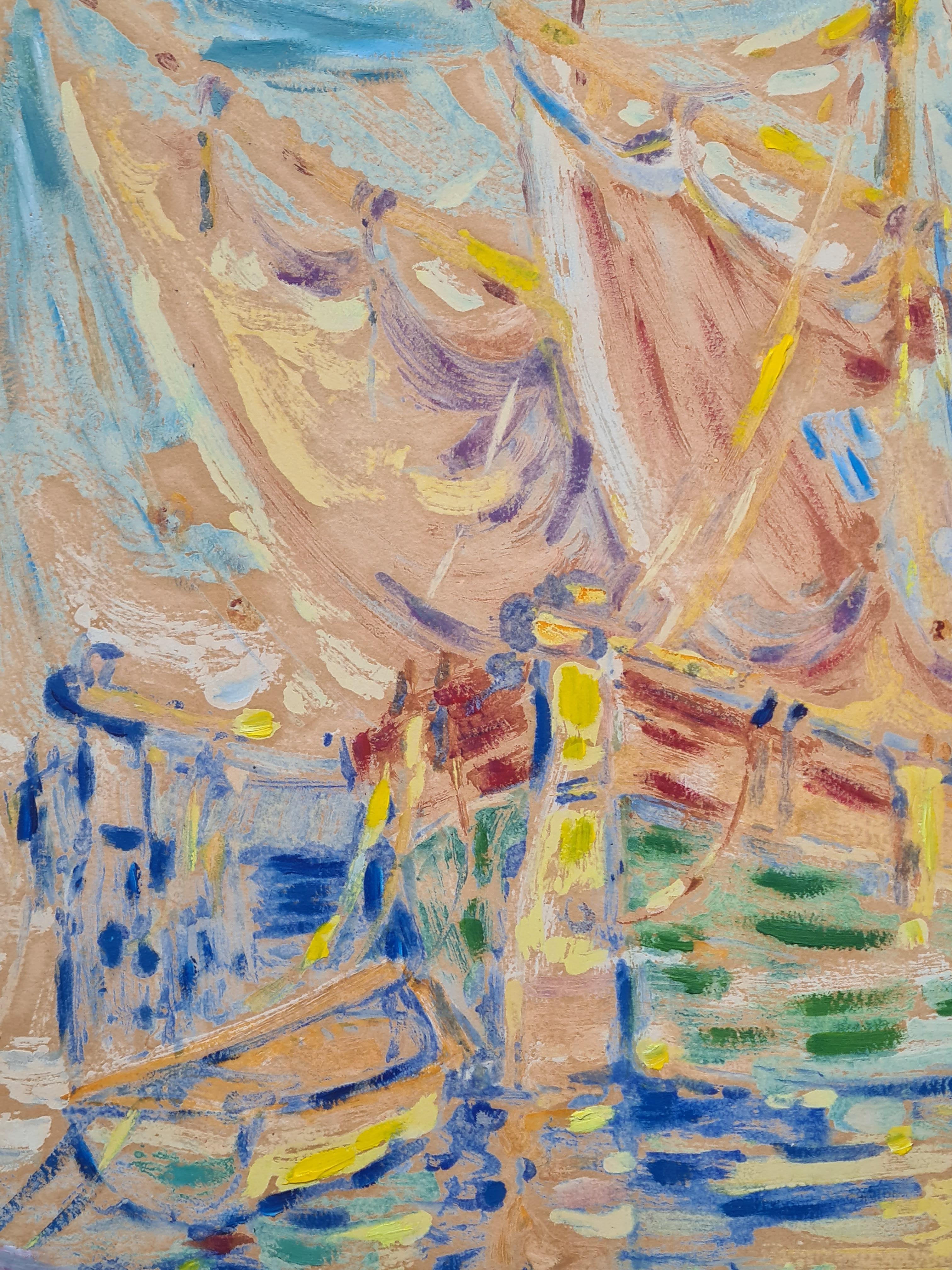 Acuarela y gouache sobre papel de veleros en un muelle. El cuadro está firmado abajo a la derecha, pero aún sin descifrar, y fechado en 1945. Presentado en un marco personalizado de madera patinada con montura de tarjeta recortada.

Una encantadora