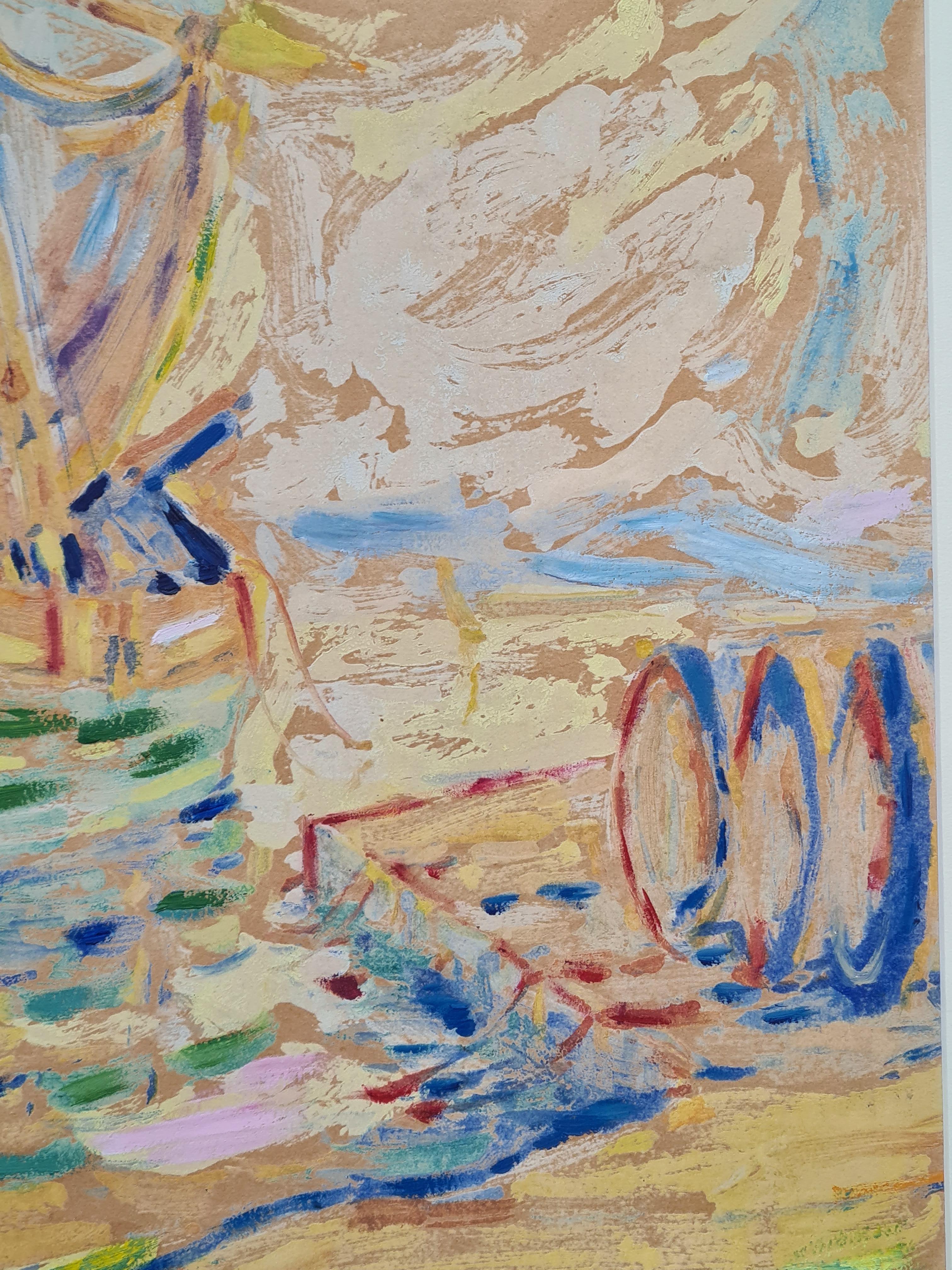 Gouache fauvista francés de veleros en puerto bajo un sol poniente. en venta 1