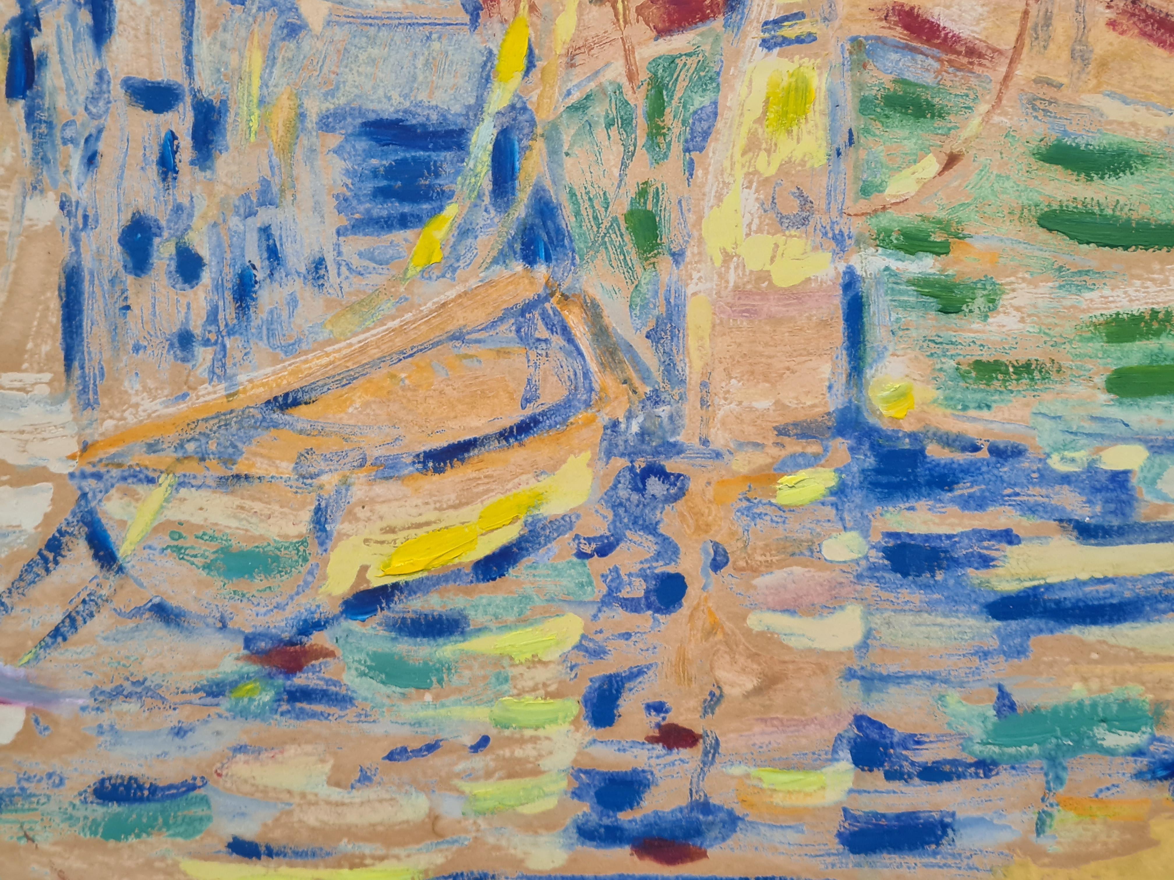 Gouache fauvista francés de veleros en puerto bajo un sol poniente. en venta 2