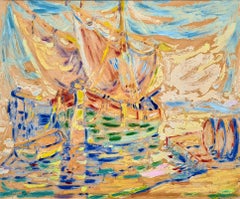 Französische Fauvistische Gouache von Segelbooten im Hafen untergehender Sonne.