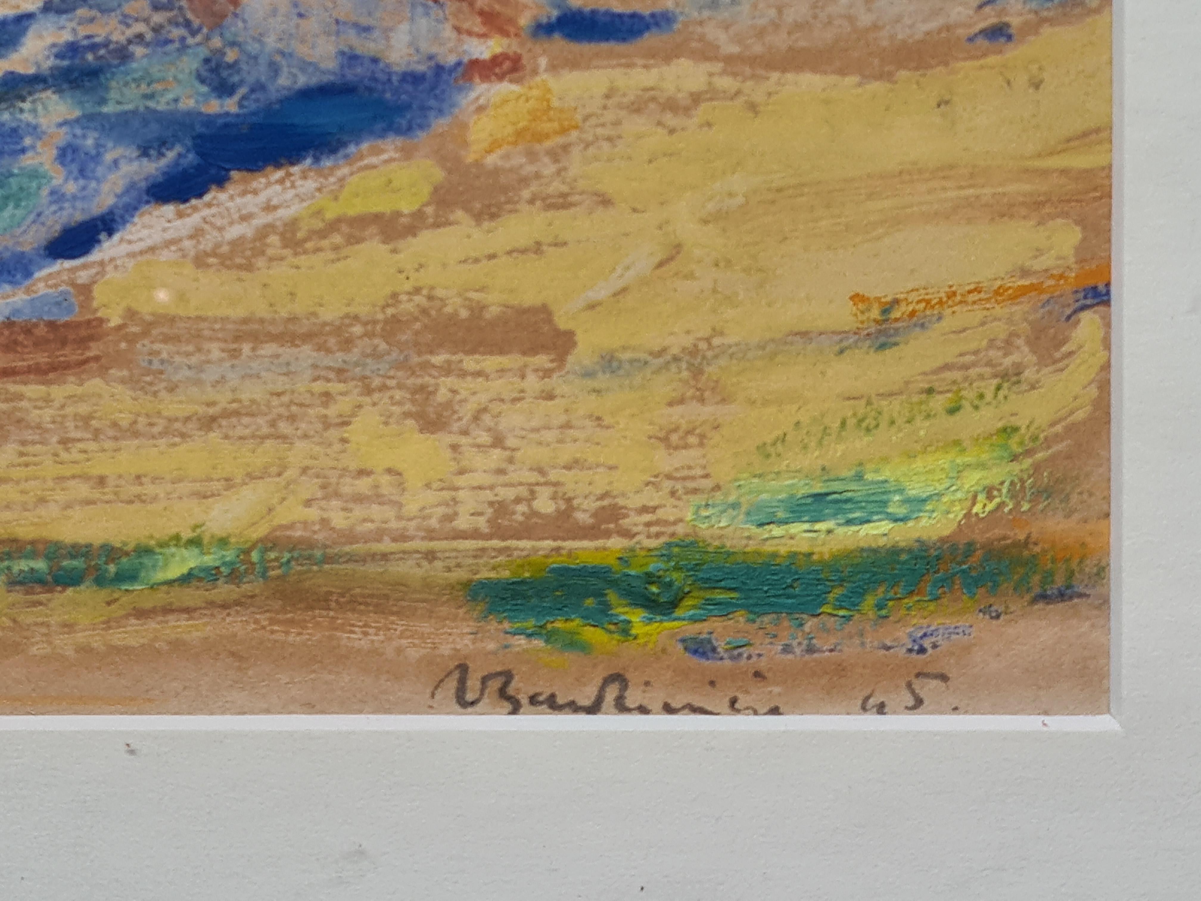 Gouache fauvista francés de veleros en puerto bajo un sol poniente. - Art de Unknown