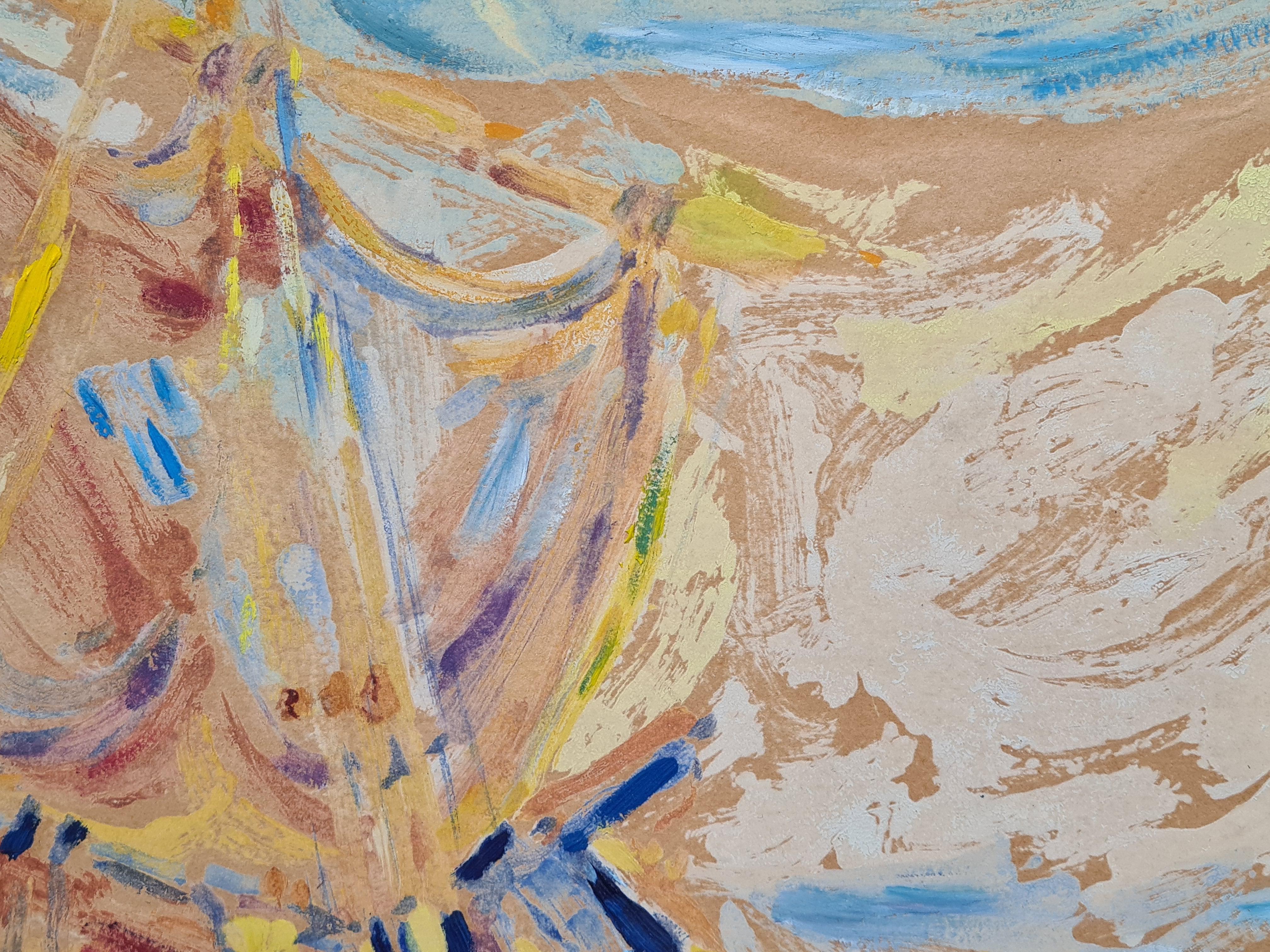 Gouache fauvista francés de veleros en puerto bajo un sol poniente. en venta 3