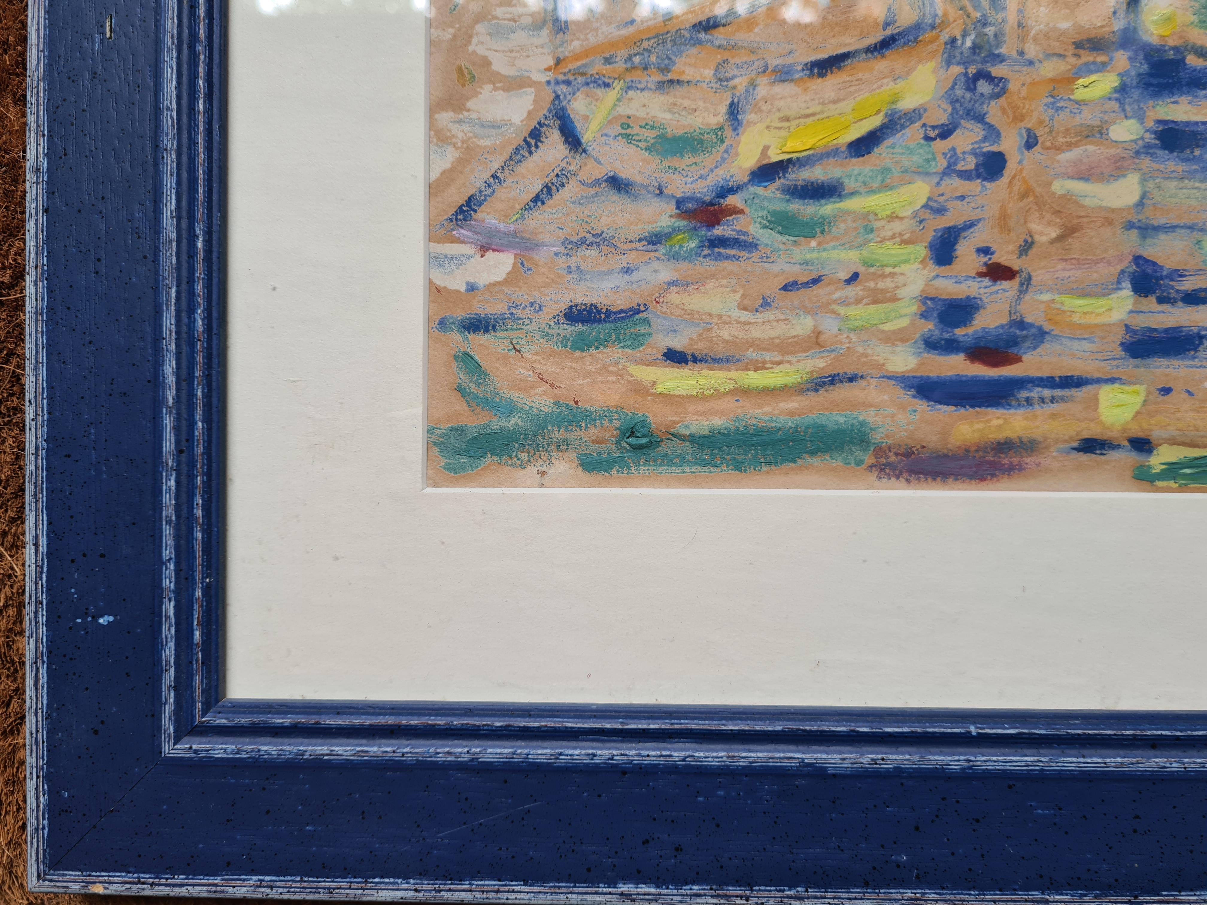 Gouache fauvista francés de veleros en puerto bajo un sol poniente. en venta 4