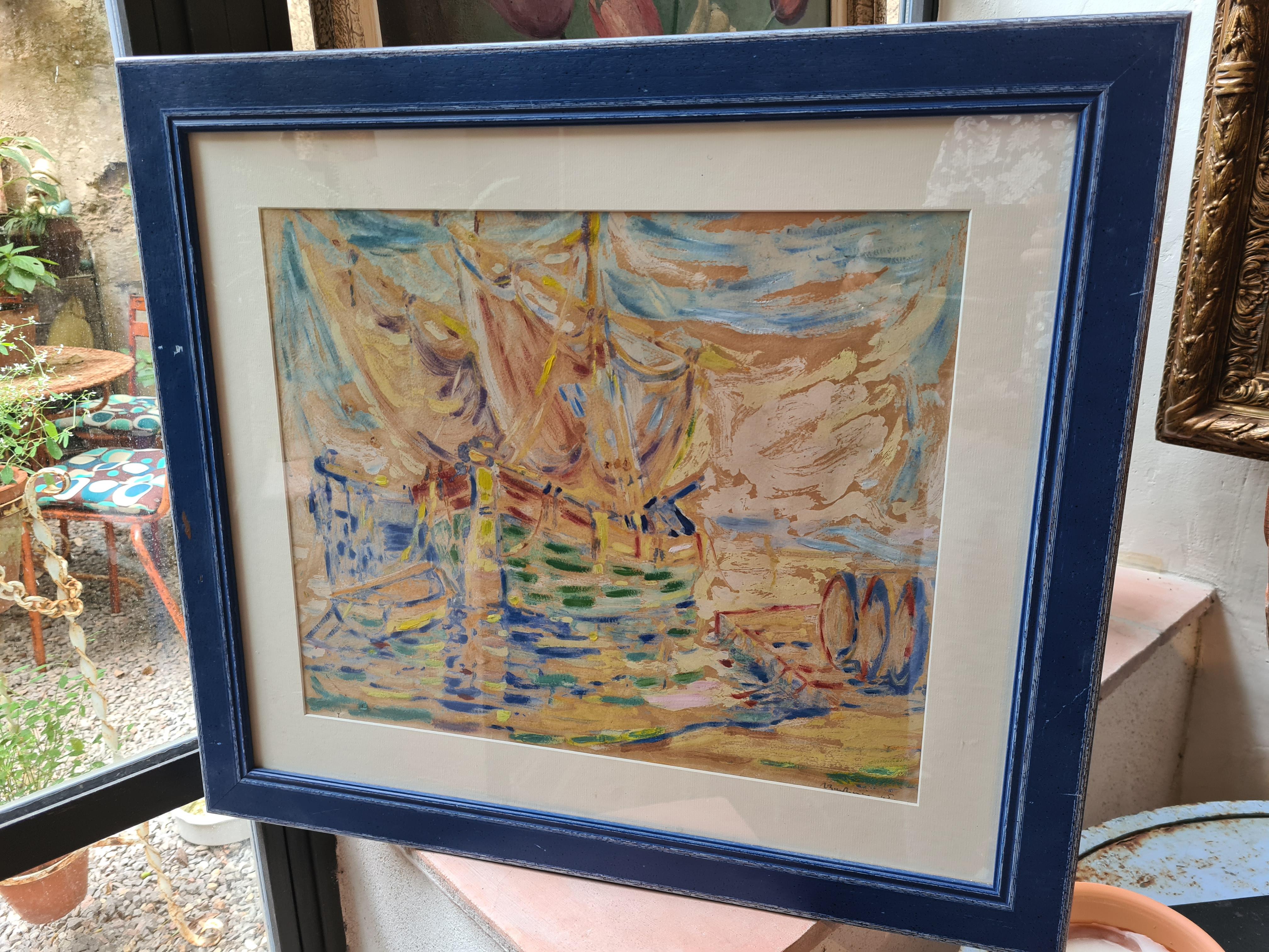 Gouache fauvista francés de veleros en puerto bajo un sol poniente. en venta 5