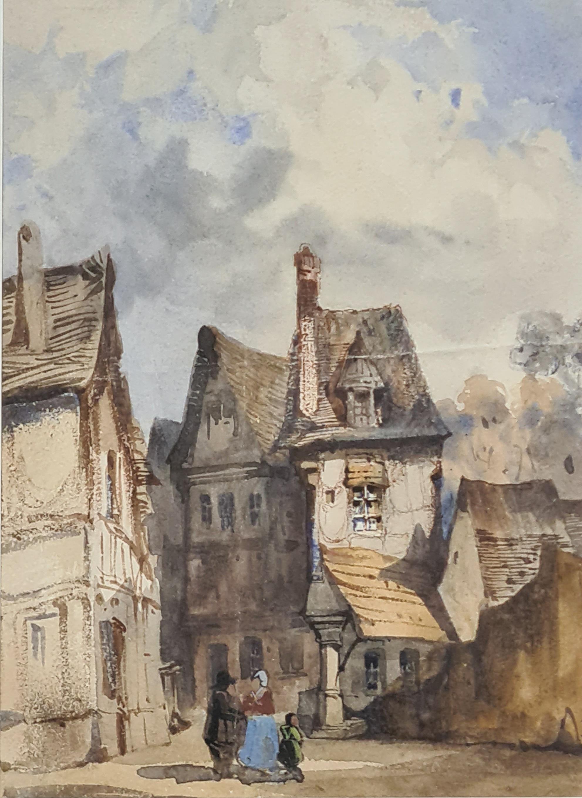 A late 18th or early 19th century watercolour view of a group of figures in a village square. Though not apparently signed the work is very competent and of high quality. It is framed in a gilt wood frame with a card mount all under glass.

A