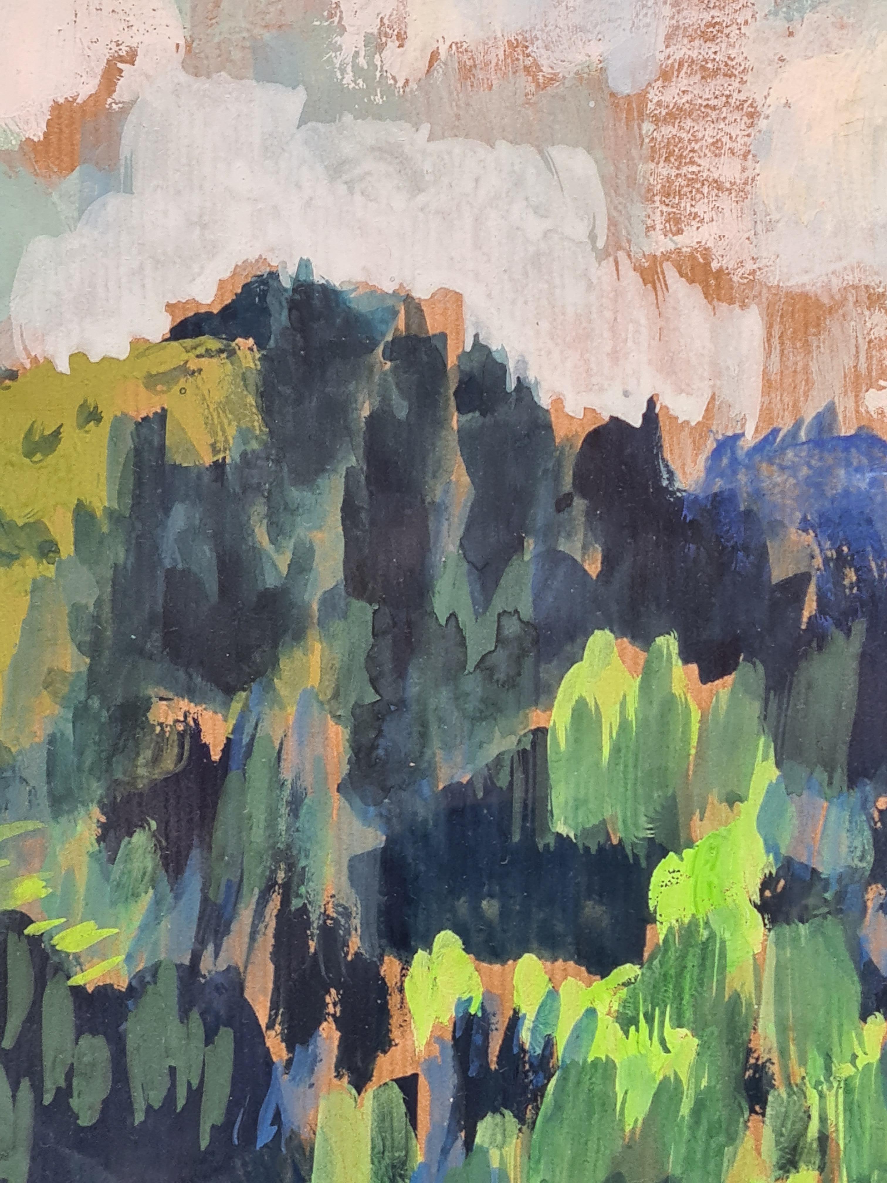 Vista alpina impresionista francesa, Gouache, Árboles en un paisaje fauvista - Landscape Painting Beige de Georges Ricard-Cordingley
