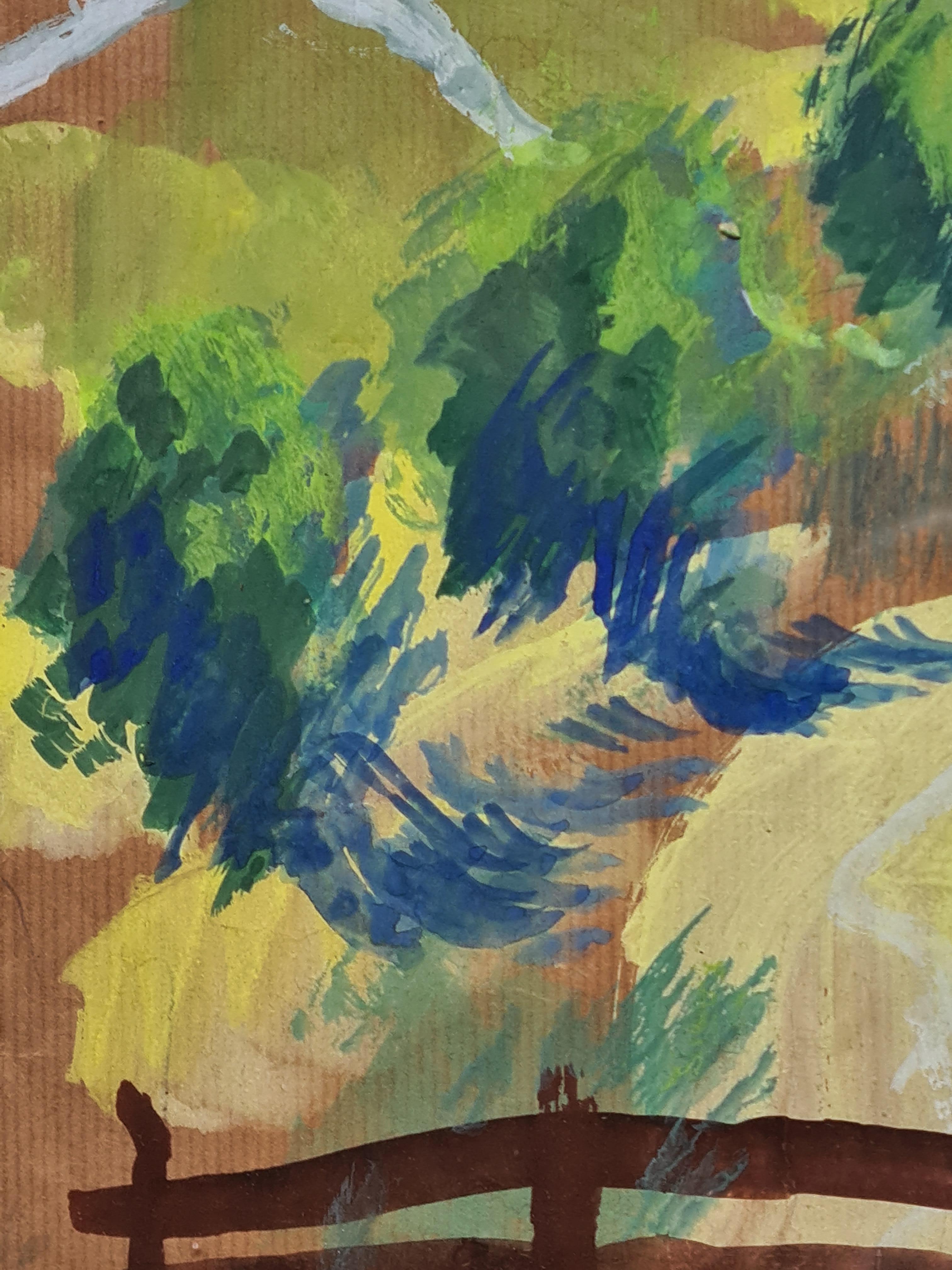 Vista alpina impresionista francesa, Gouache, Árboles en un paisaje fauvista en venta 3
