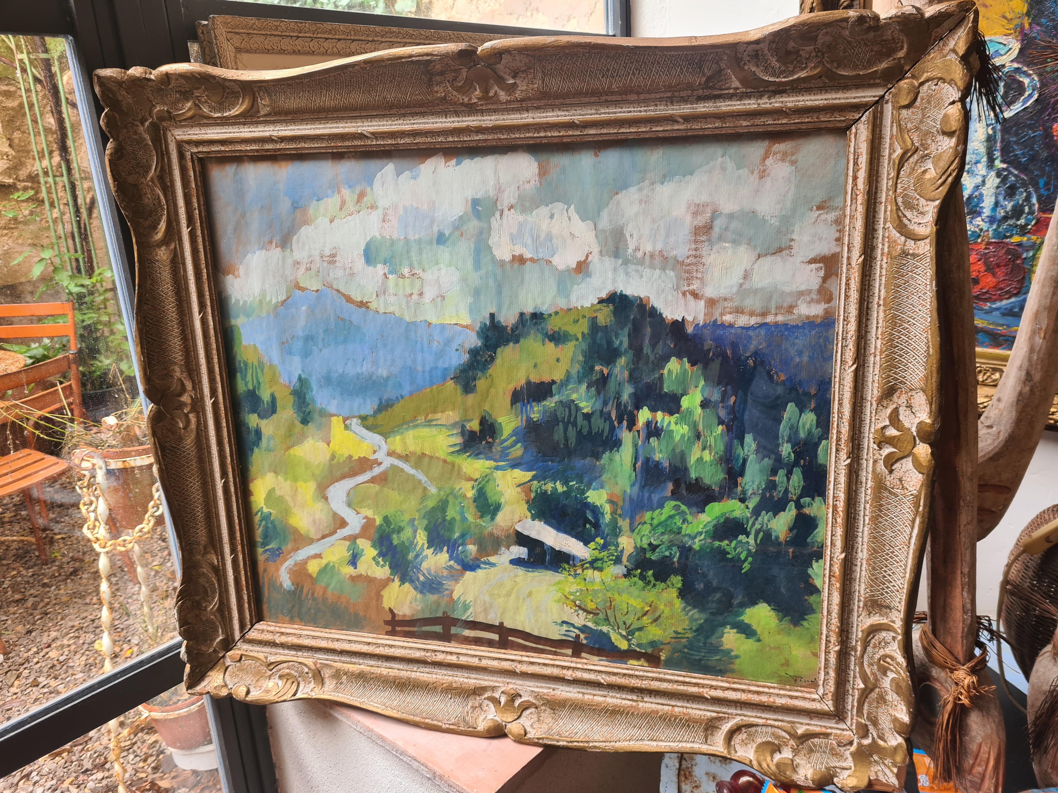 Vista alpina impresionista francesa, Gouache, Árboles en un paisaje fauvista en venta 6