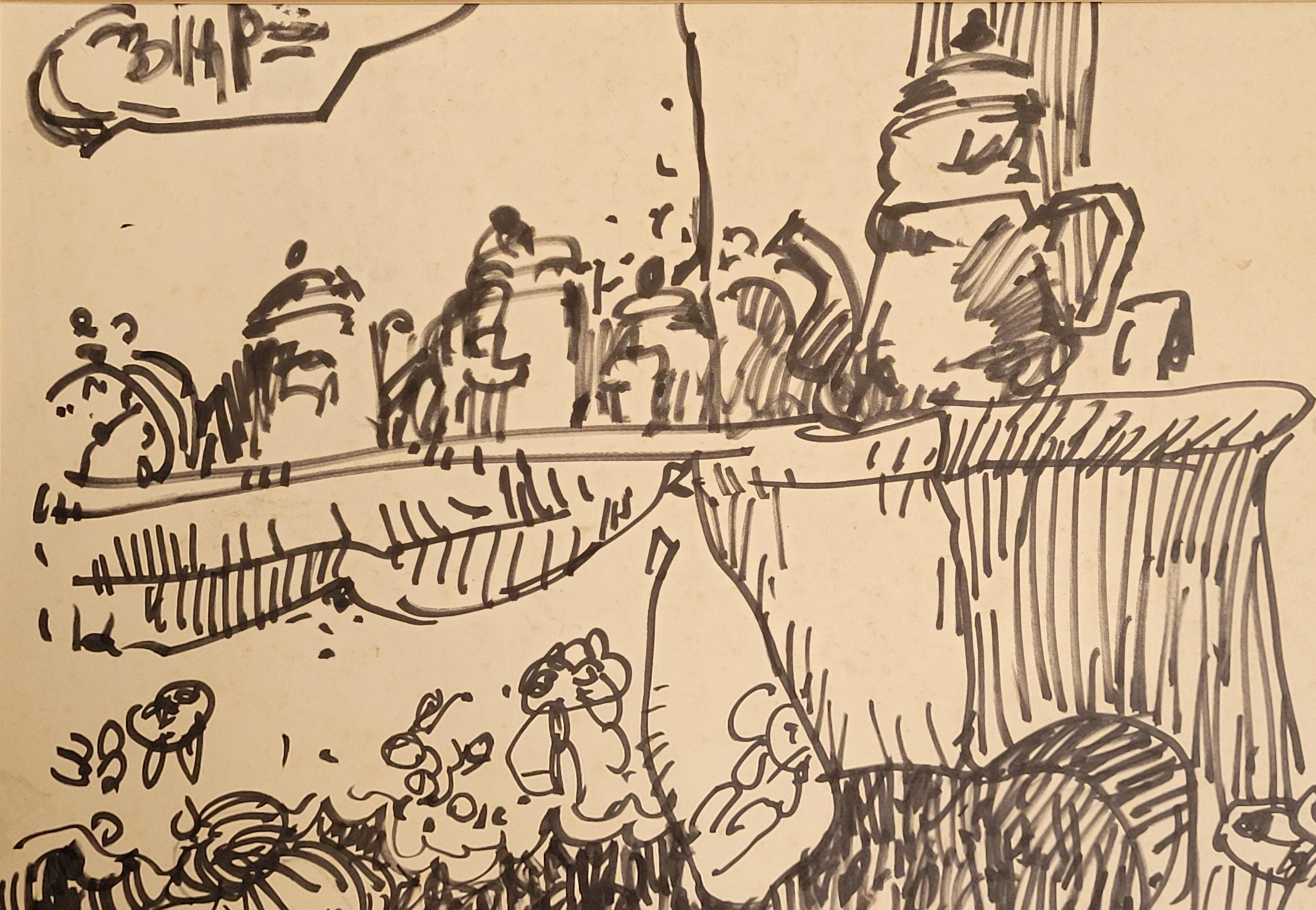 Disegno su carta di Jean Arène di una signora provenzale seduta nella sua cucina. Firmato e datato in basso a sinistra. 

Quest'opera d'arte è un sorprendente disegno a penna e inchiostro che cattura in modo vivido una scena interna disordinata,