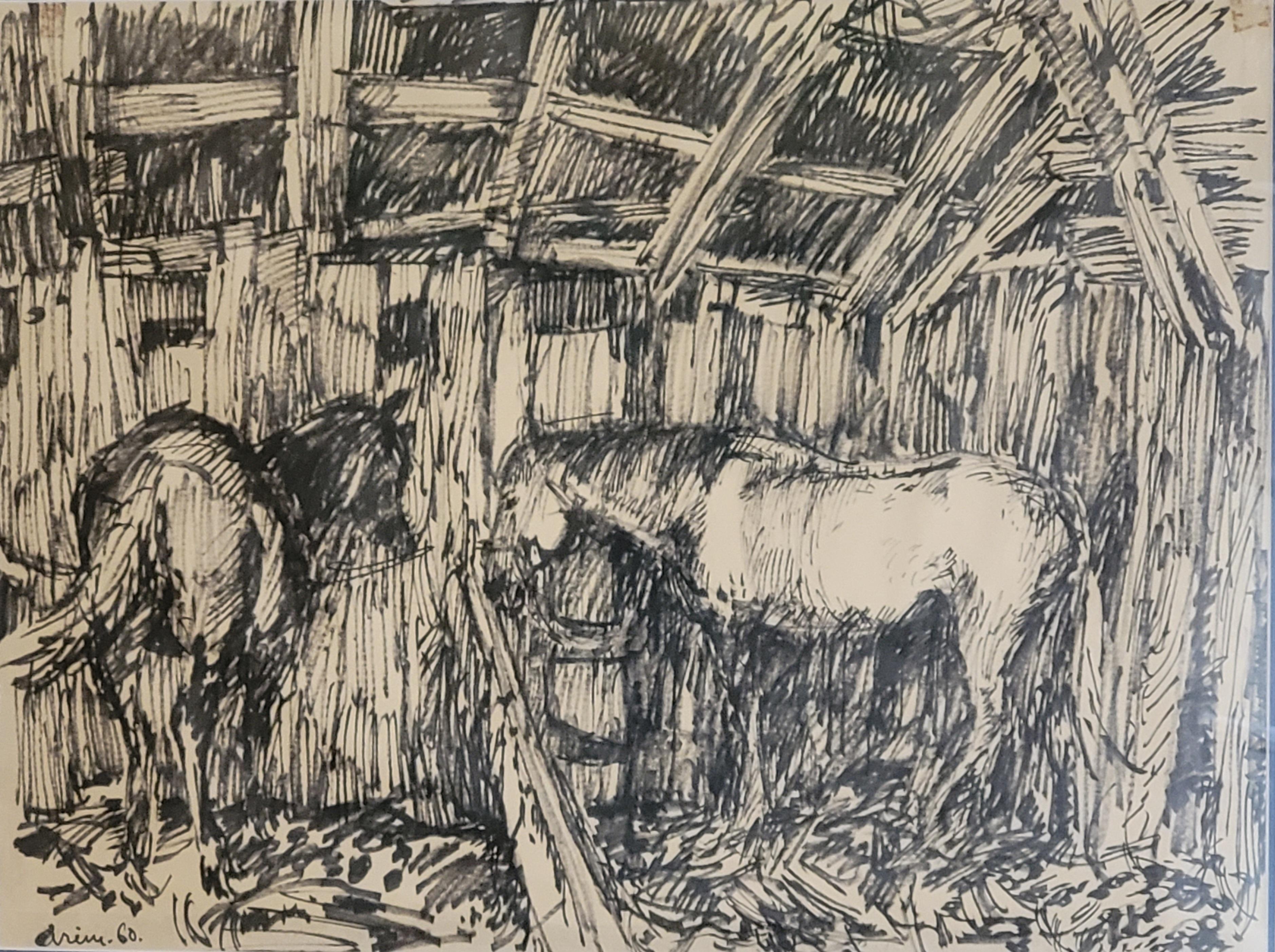 Feutre francesi di metà secolo su carta. Nelle Scuderie... - Art di Jean Arène