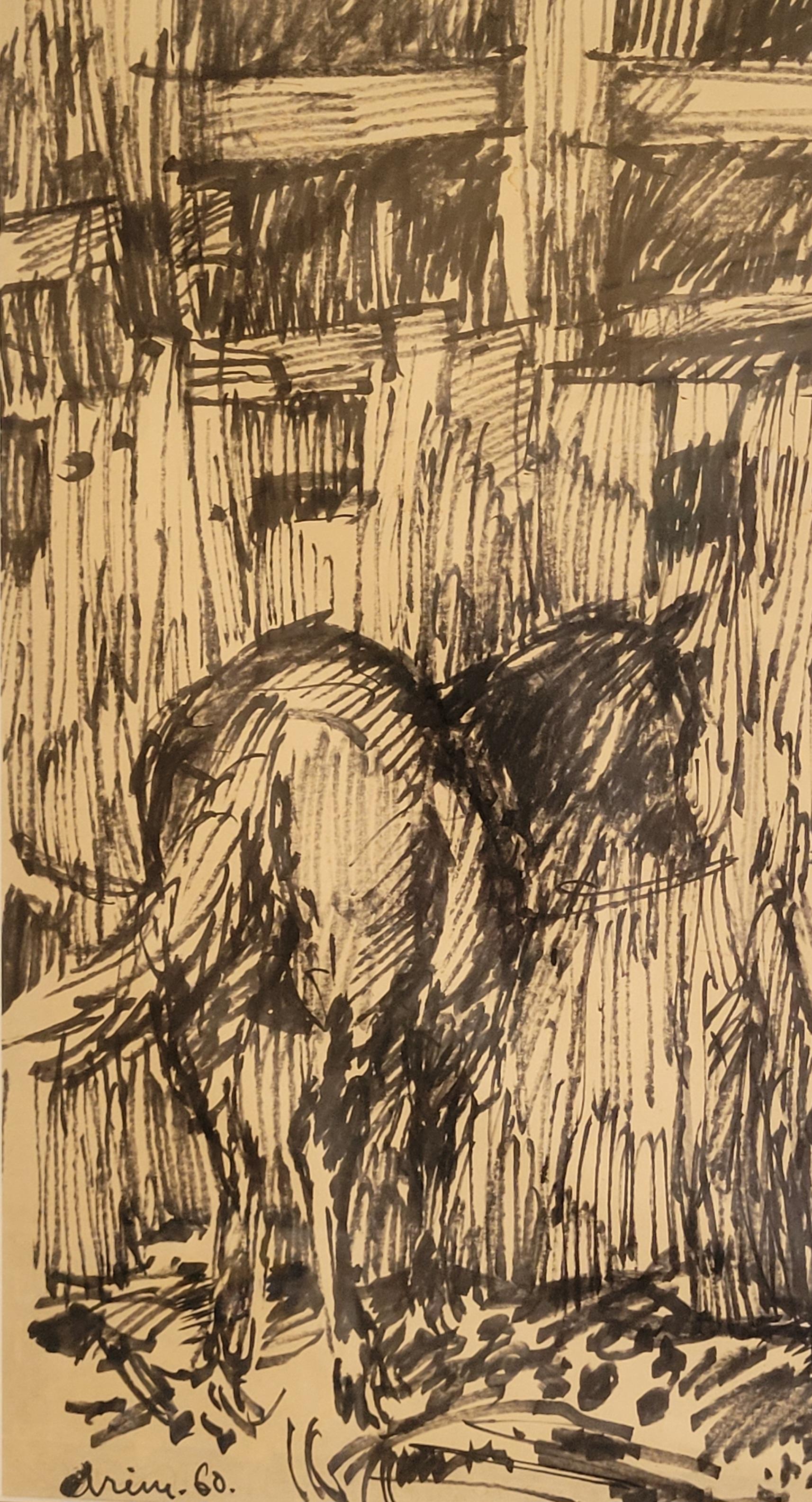 Feutre francesi di metà secolo su carta. Nelle Scuderie... - Art Espressionista di Jean Arène