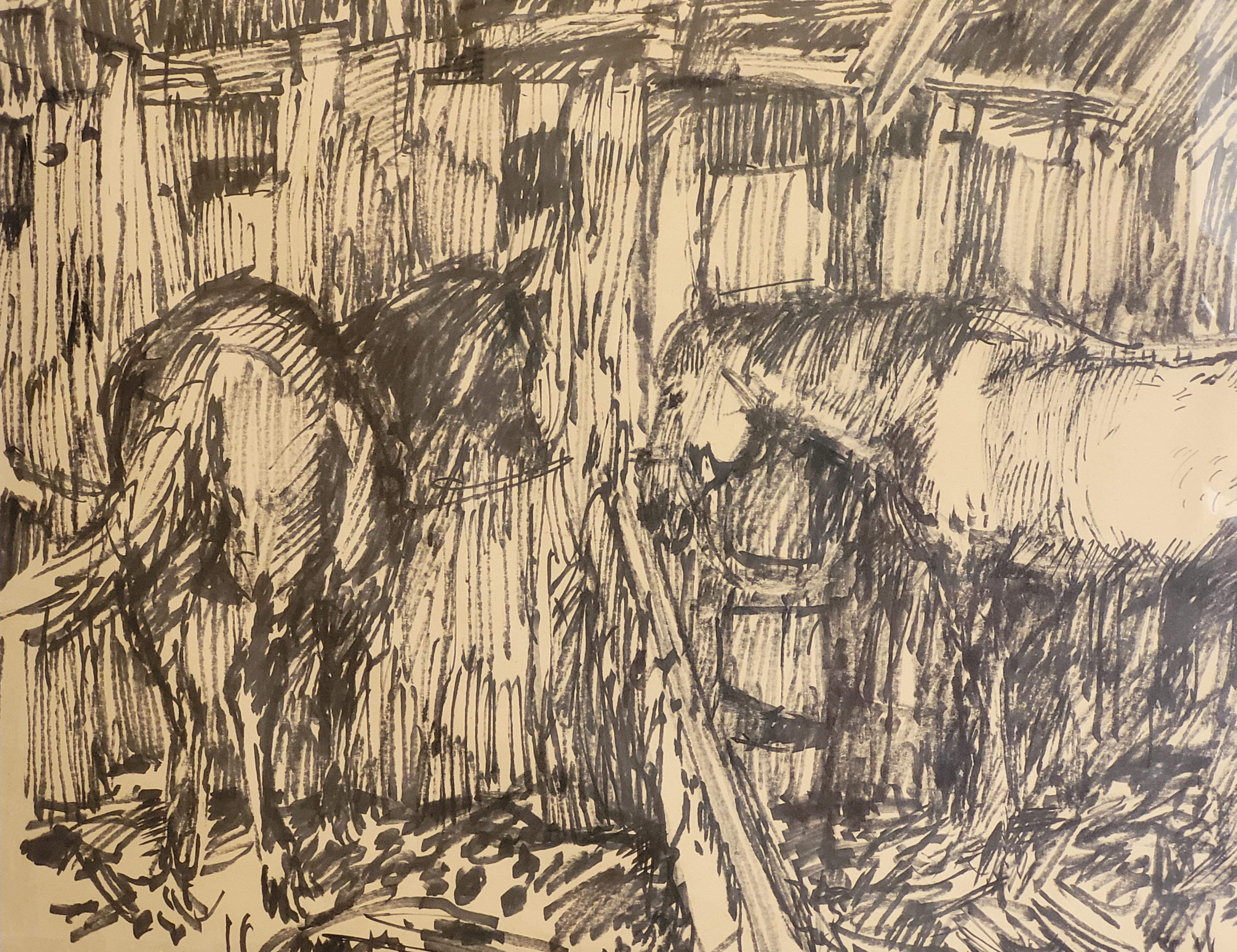 Disegno su carta della metà del secolo scorso di una stalla provenzale con cavalli di Jean Arène. Firmato e datato in basso a sinistra e presentato in una cornice di legno con vetro. 

Questa suggestiva opera d'arte è un disegno monocromatico a