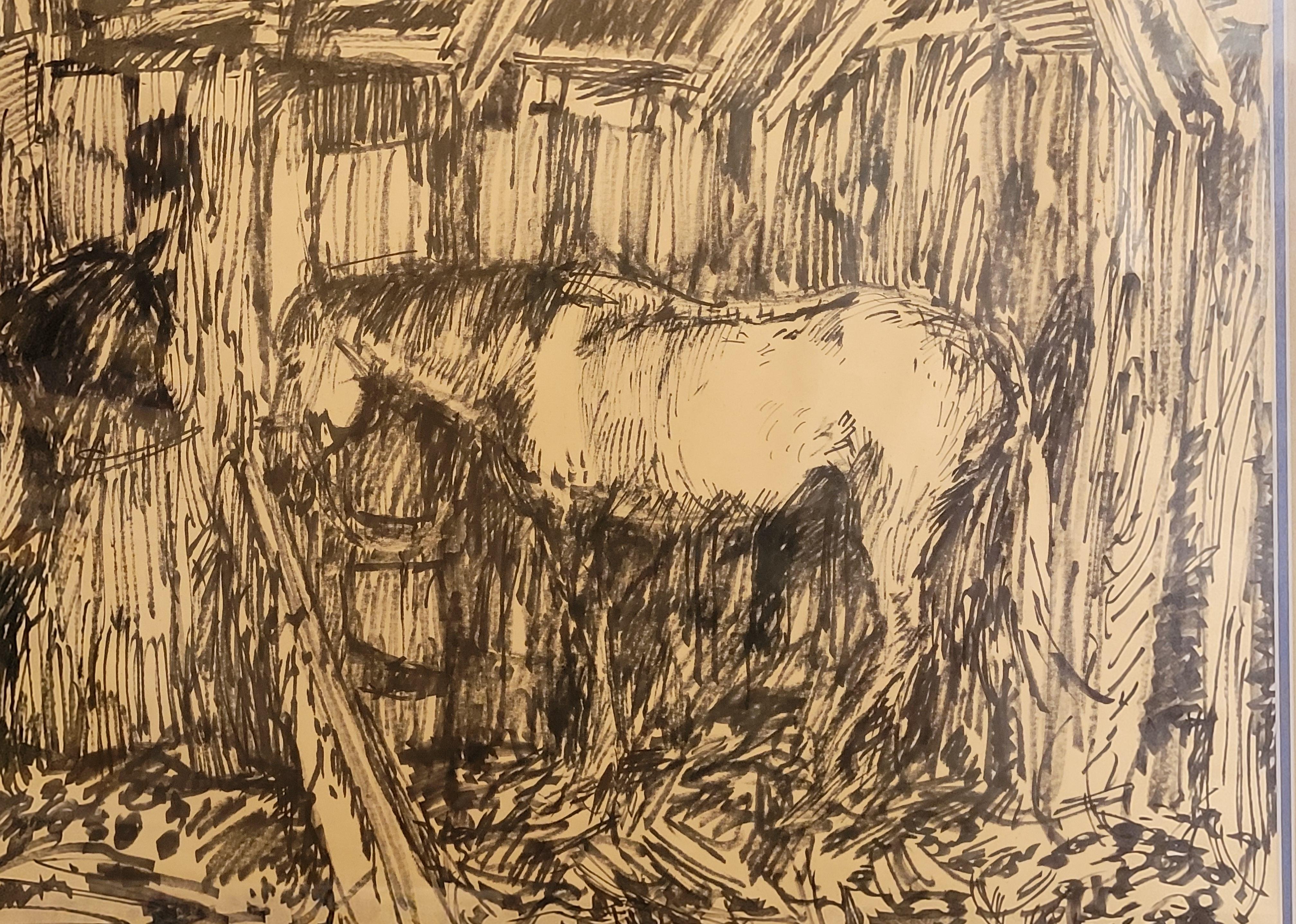 Feutre francesi di metà secolo su carta. Nelle Scuderie... - Figurative Art Marrone di Jean Arène