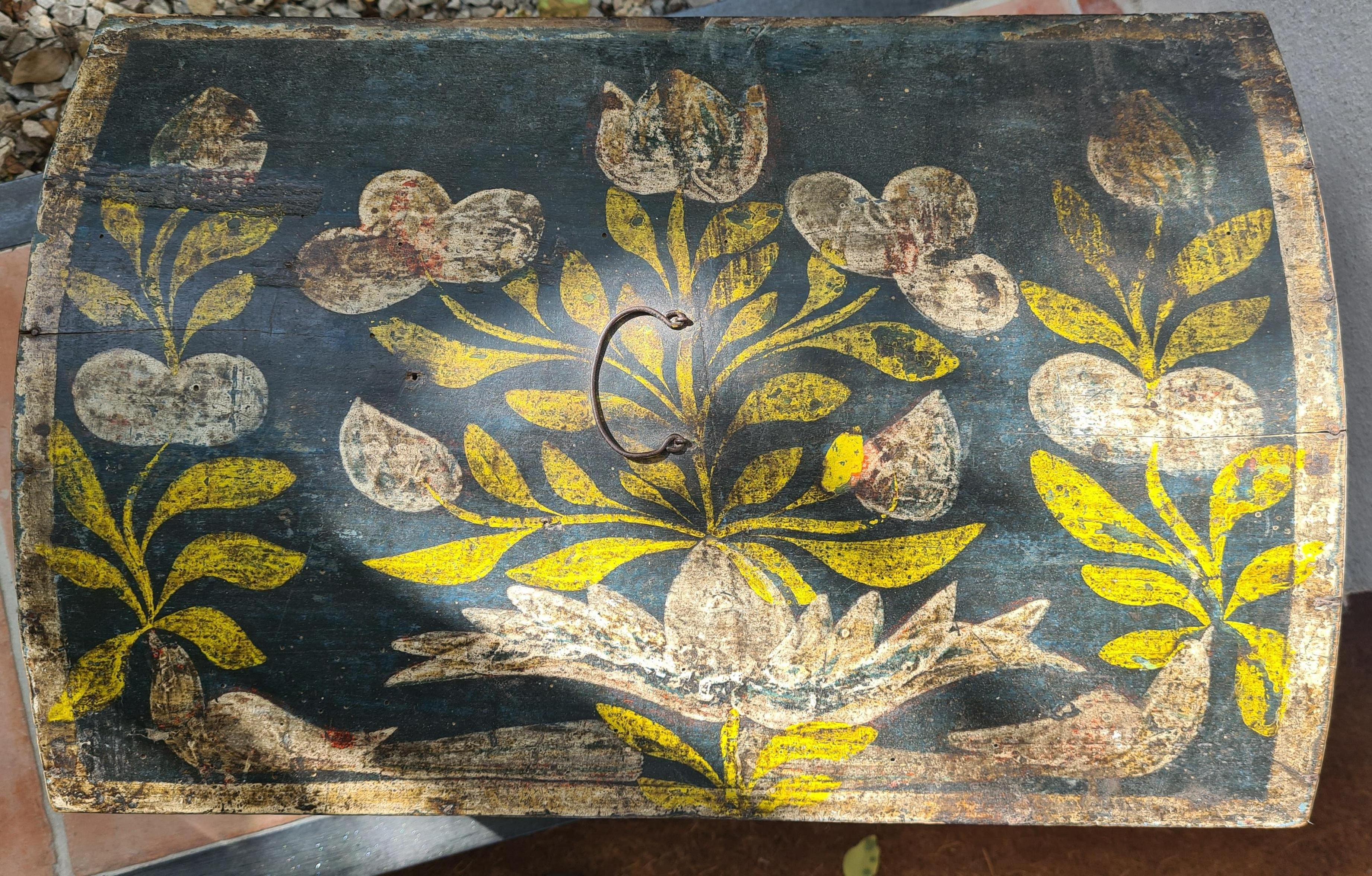 Cassapanca da sposa in legno dipinta con arte popolare europea del XIX secolo in vendita 1