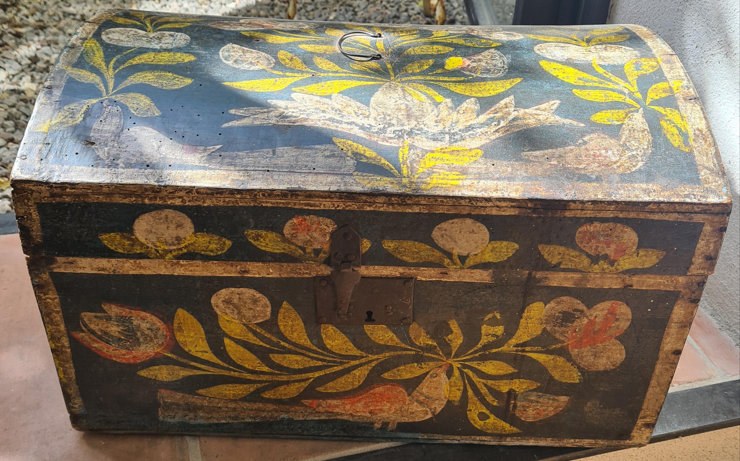 Cassapanca da sposa in legno dipinta con arte popolare europea del XIX secolo in vendita 11
