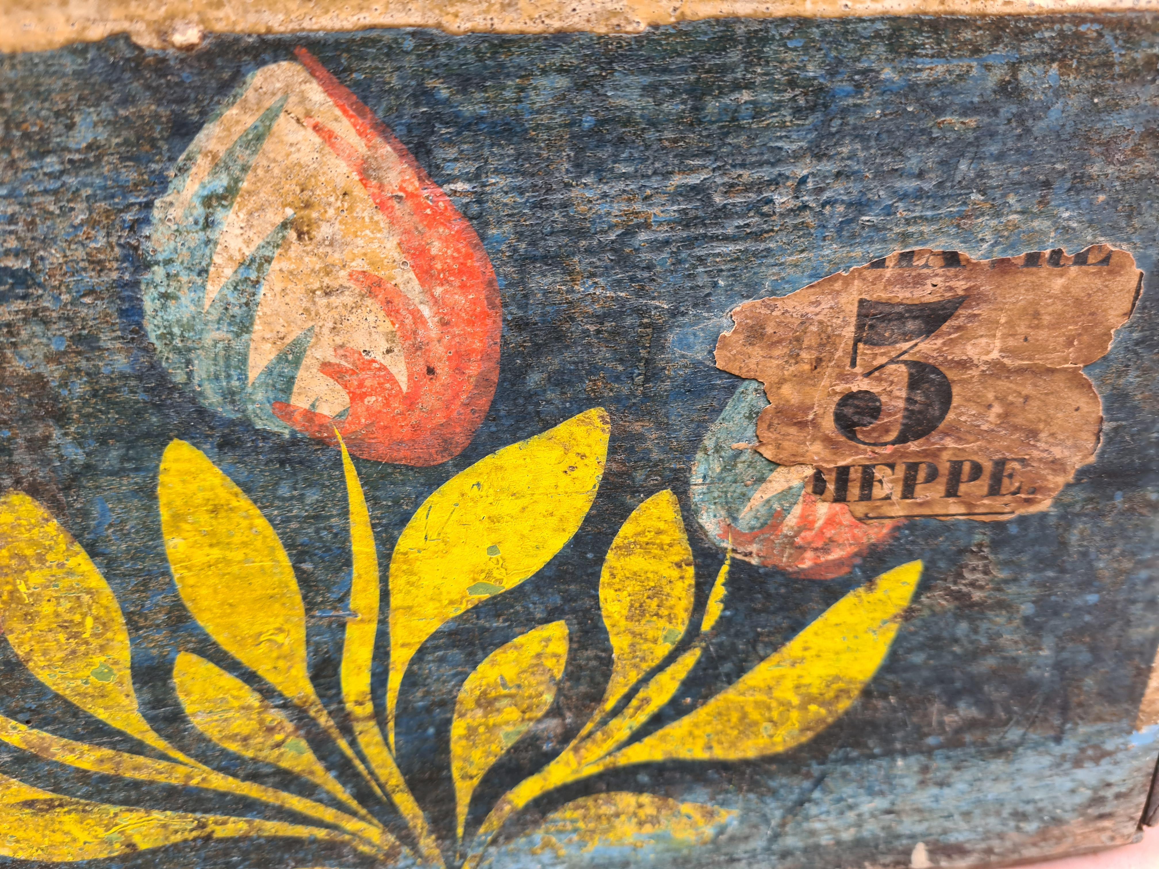 Cassapanca da sposa in legno dipinta con arte popolare europea del XIX secolo in vendita 3
