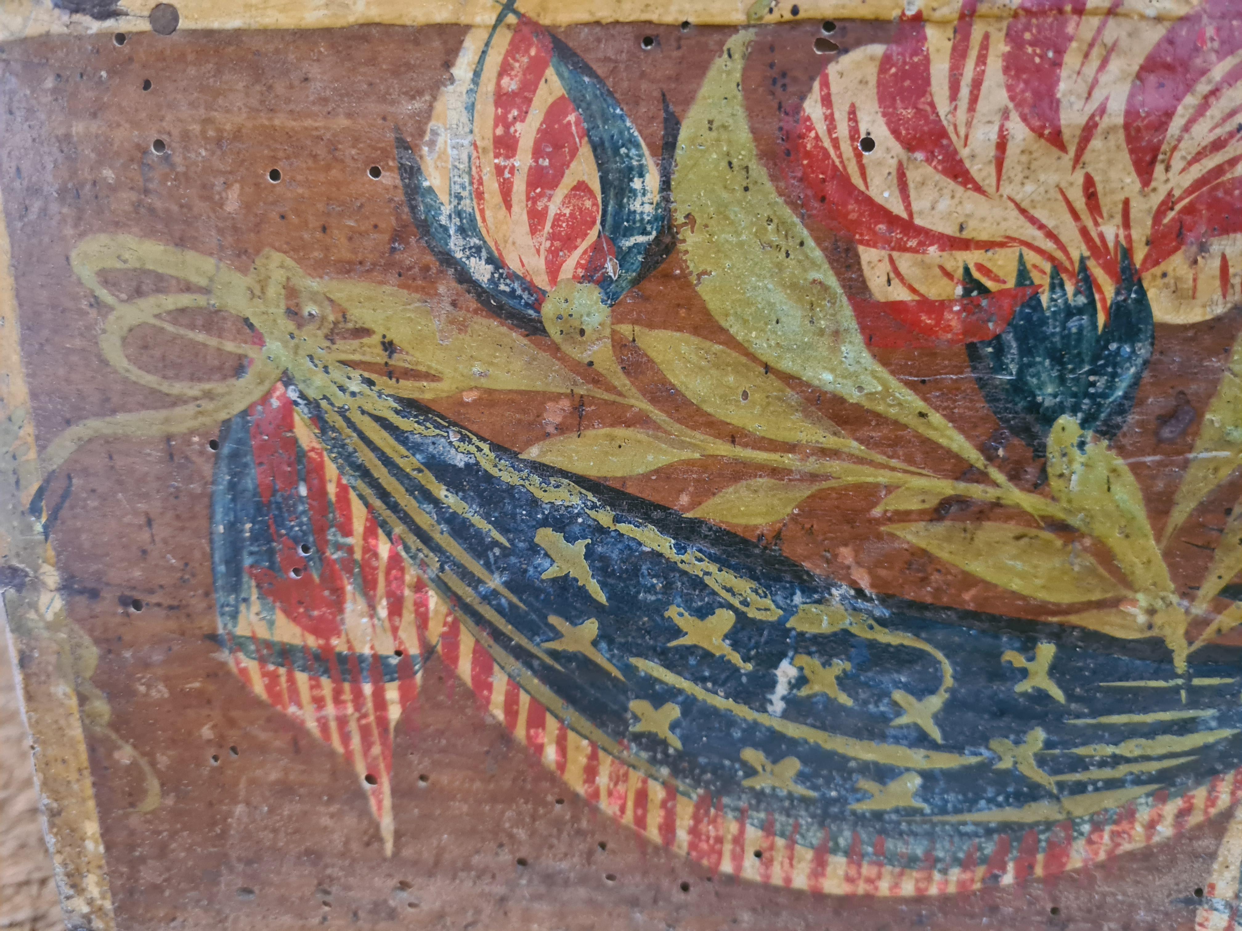 Vintage French folk art, Early 19th century, painted wood wedding, hope or bridal chest, for the wedding of Charles Herbert Frederic and Corinne de Blaru in 1848. The names and dates are written to the inside of the lid (see photo).

A superb