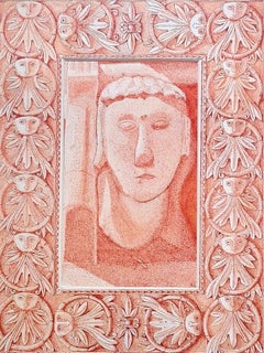 Sanguine Watercolour Study of a Cubist Head With Floral Painted Mount.