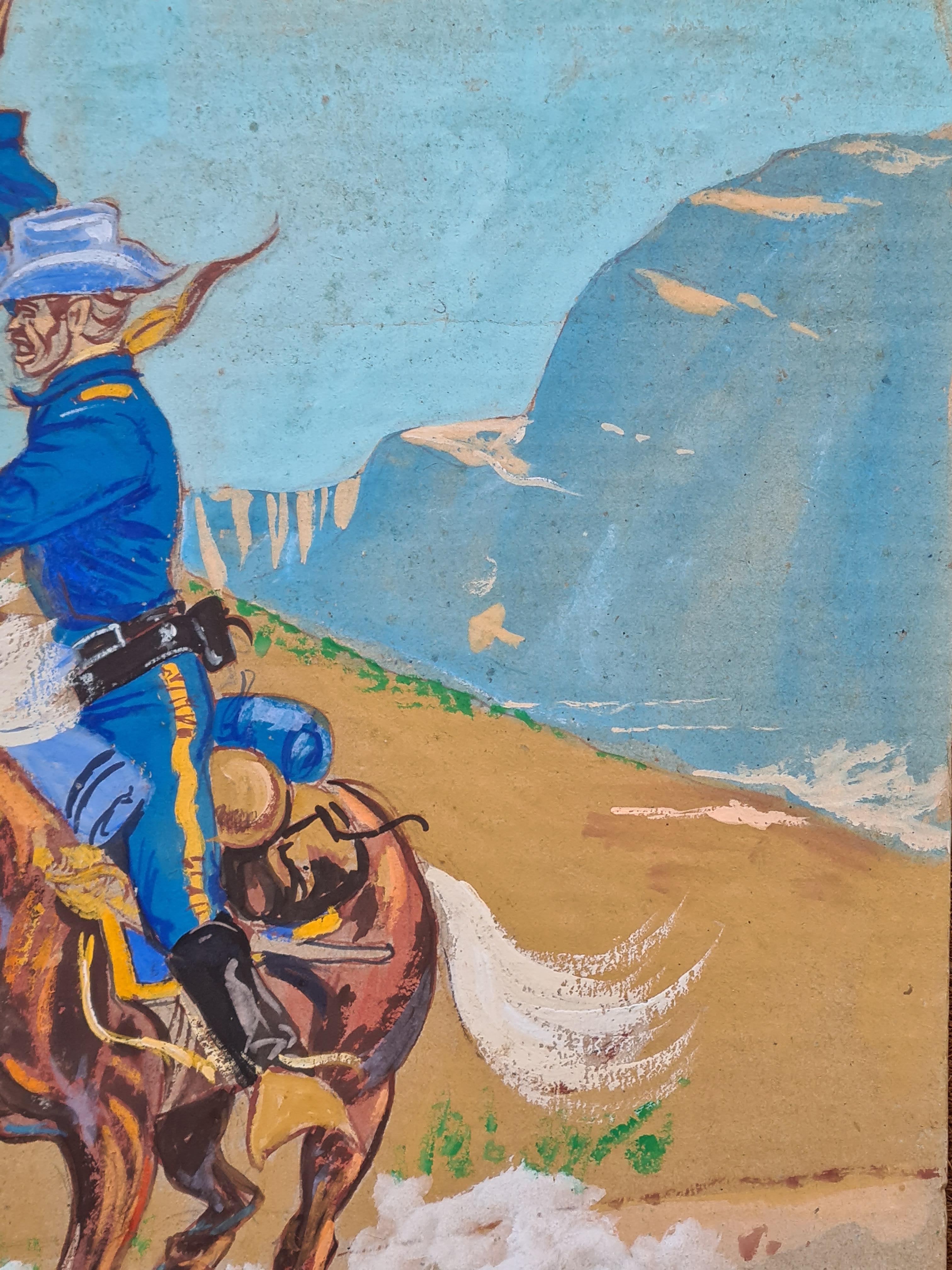 Acquerello di metà secolo sul selvaggio West, Ecco che arriva la cavalleria - Art Outsider Art di Unknown