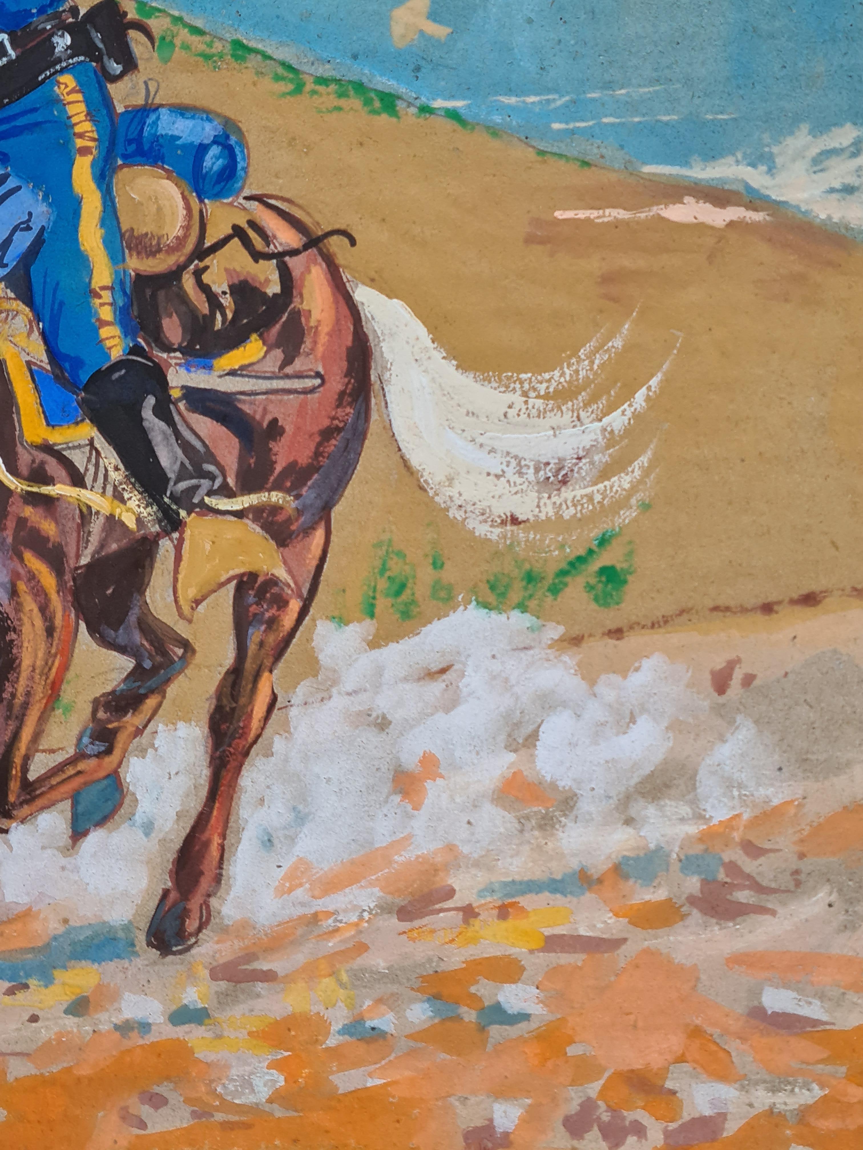 Acquerello di metà secolo sul selvaggio West, Ecco che arriva la cavalleria - Figurative Art Beige di Unknown