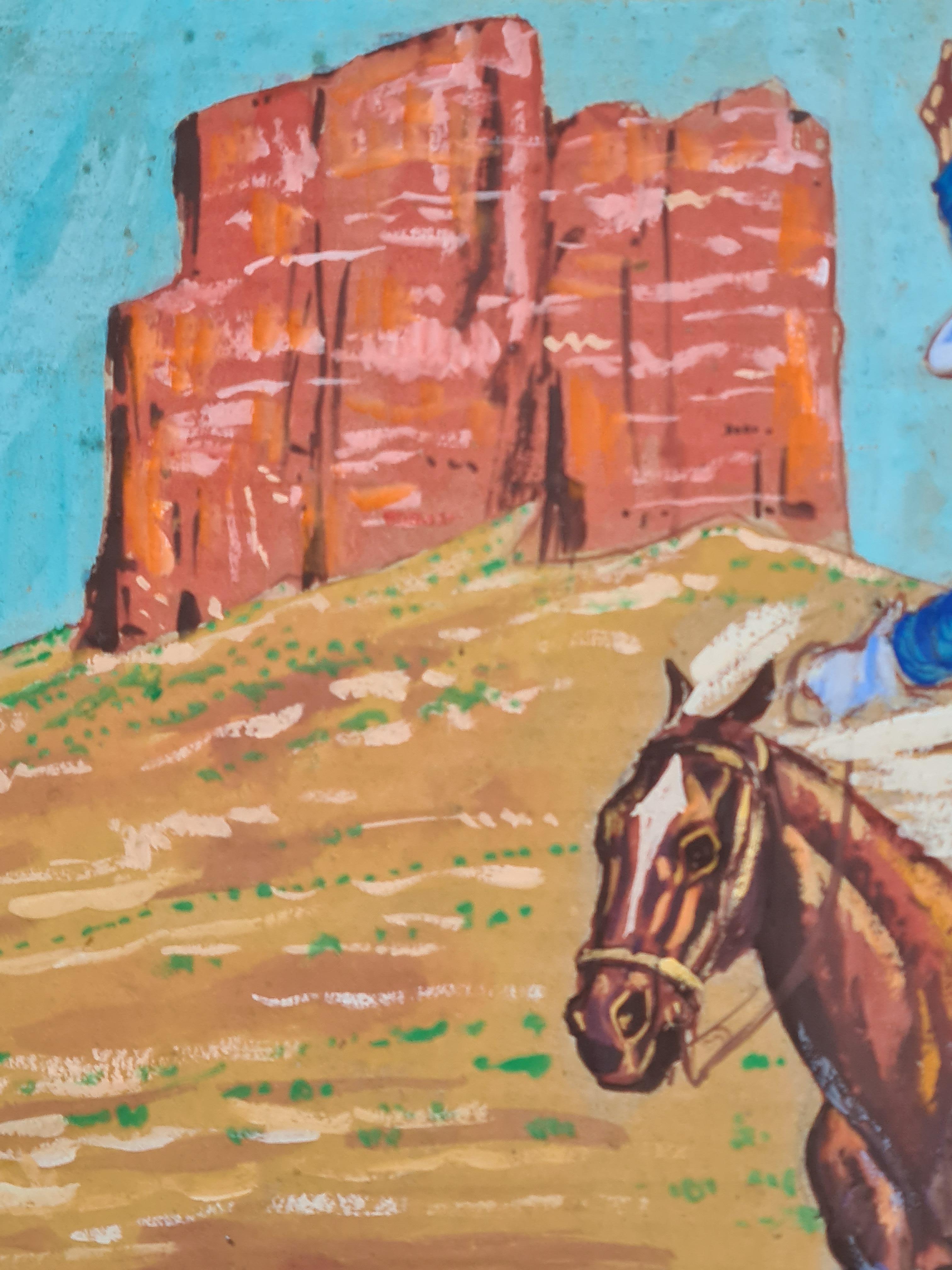 Dipinto di metà secolo a matita, gesso, acquerello e gouache raffigurante un ufficiale della cavalleria americana che cavalca il suo cavallo attraverso il deserto. 

Questa opera d'arte cattura l'energia dinamica di un cowboy solitario che galoppa