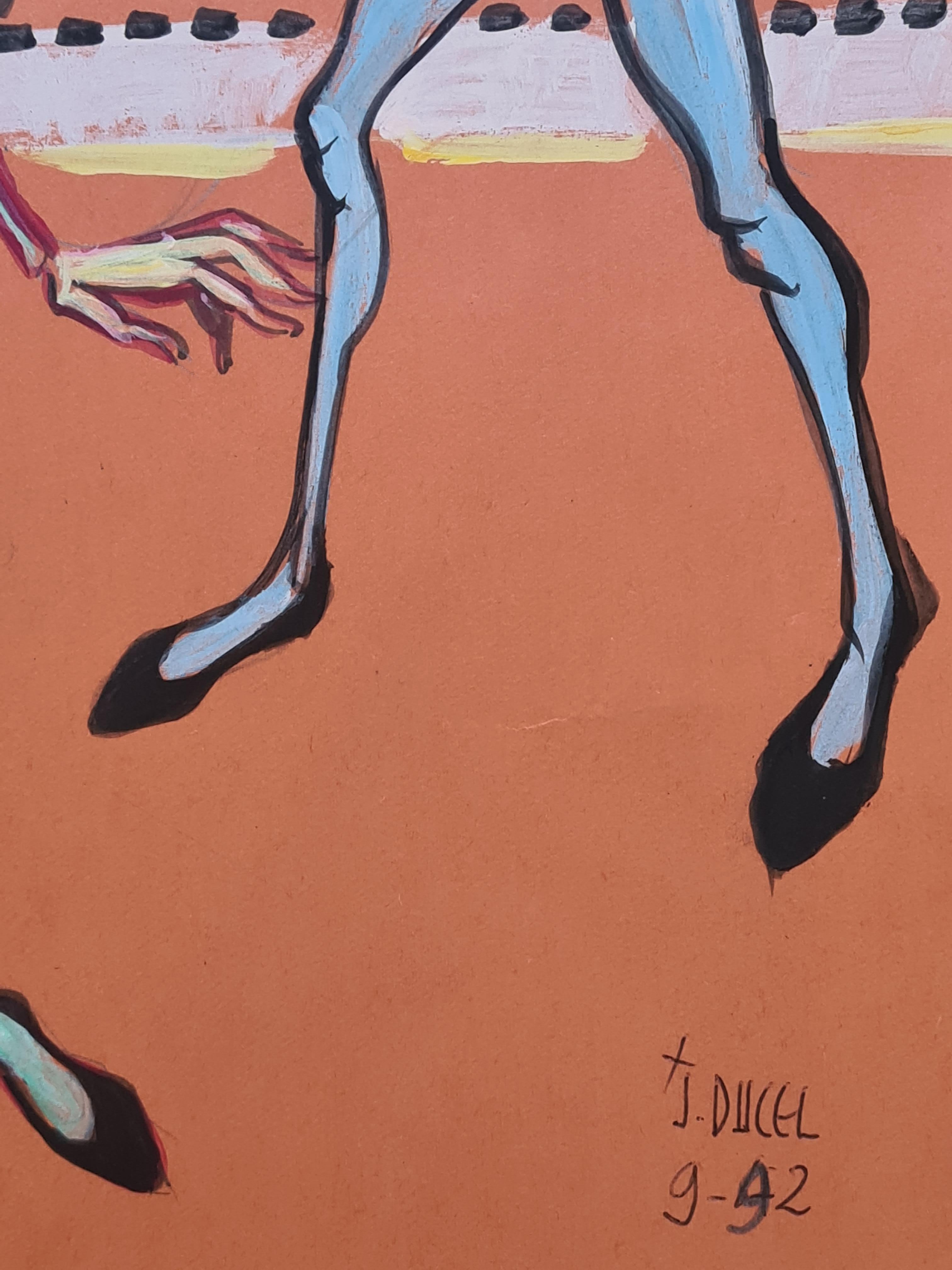 Pencil, chalk and watercolour on card depiction of a group of harlequins by French artist Jean Ducel. The work is signed and dated bottom right.

This vivid artwork showcases an energetic scene featuring five elongated figures in dynamic poses, set