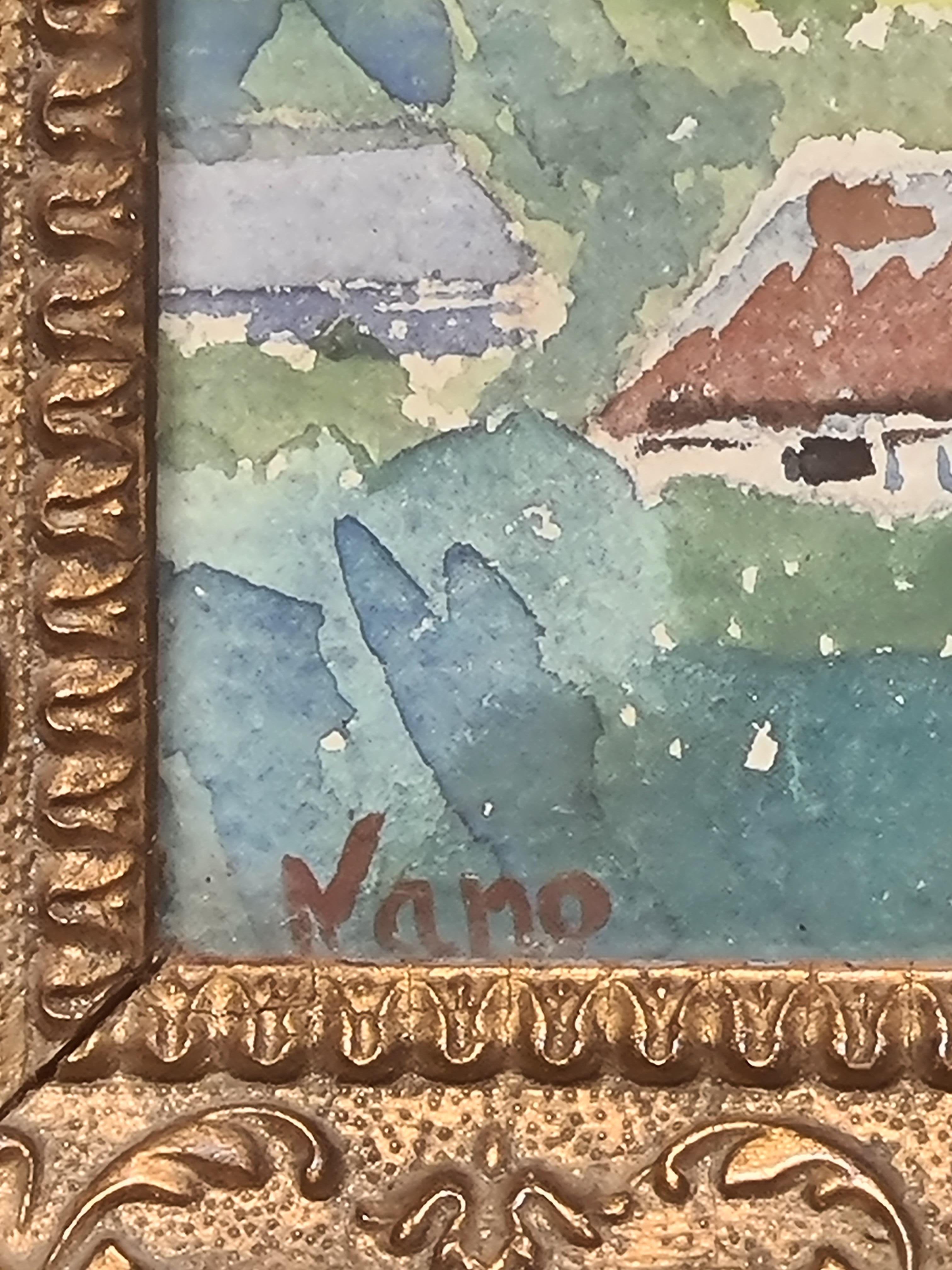 Landschaftsaquarell, See und Blick auf die Berge (Romantik), Painting, von Nano