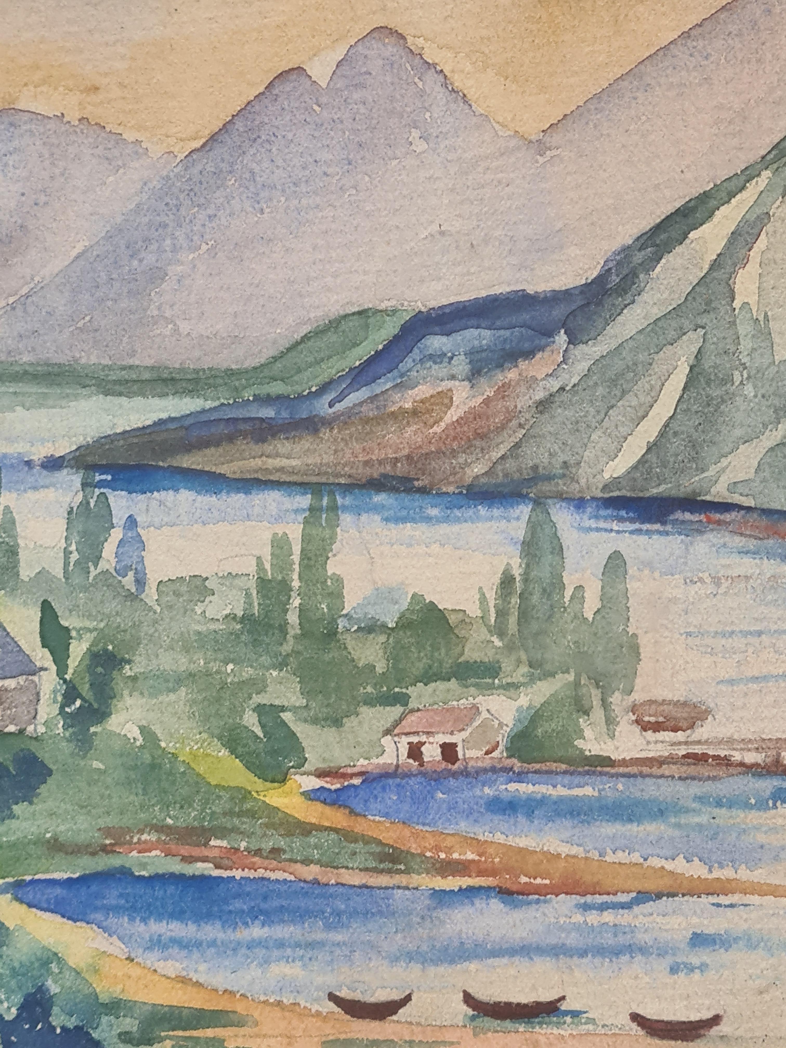 Landschaftsaquarell, See und Blick auf die Berge (Beige), Landscape Painting, von Nano
