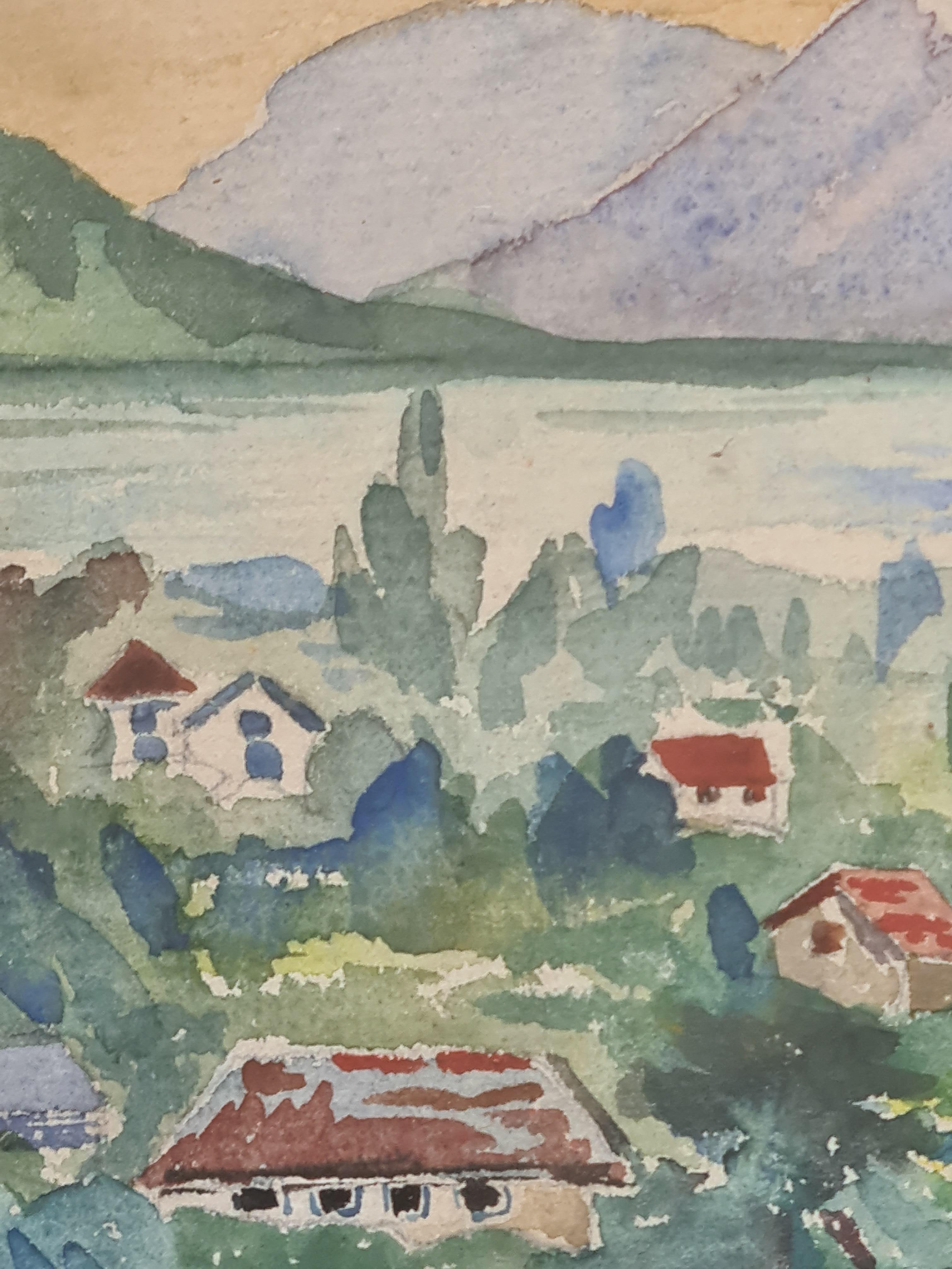 Landschaftsaquarell, See und Blick auf die Berge im Angebot 1