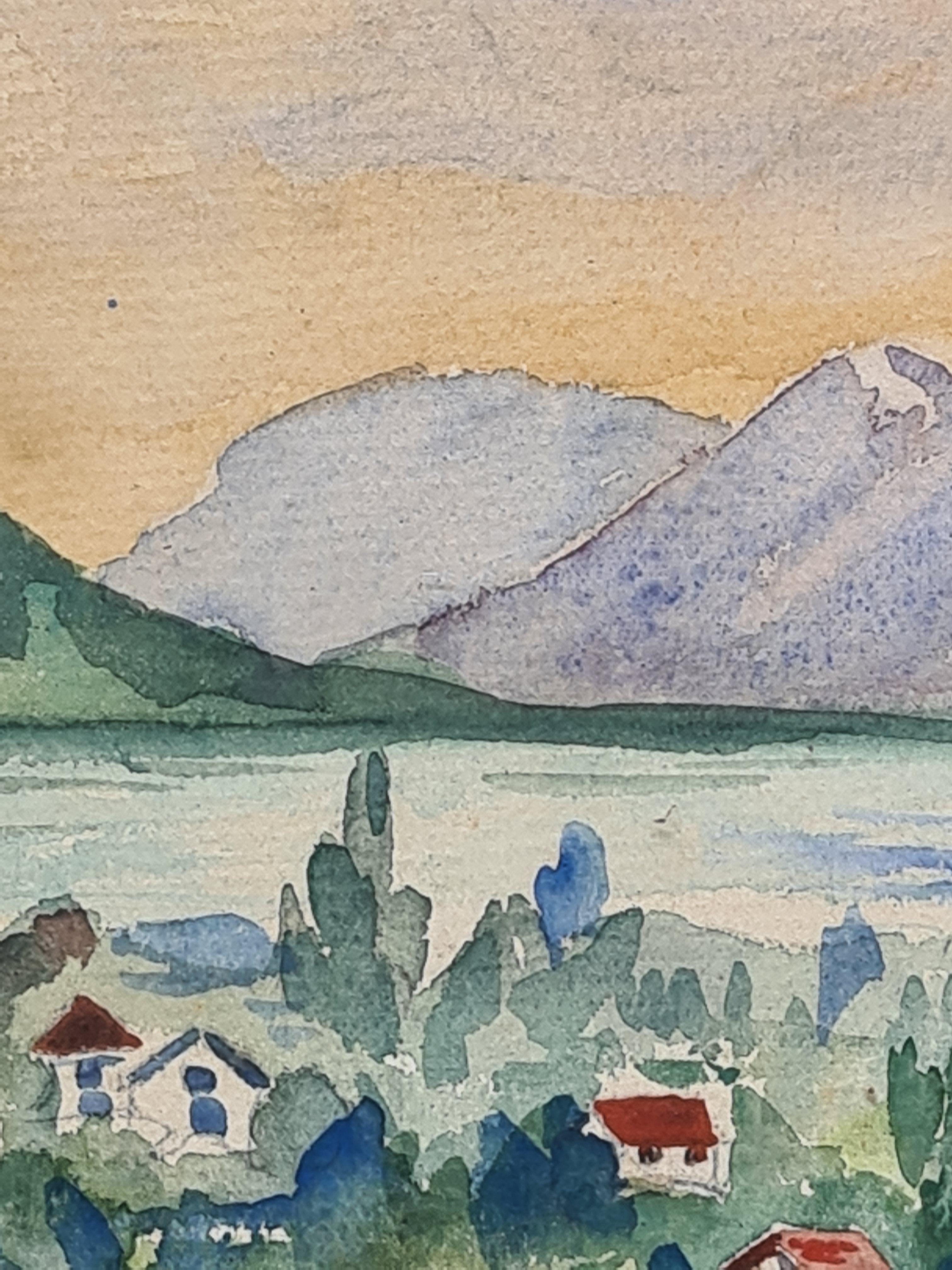 Landschaftsaquarell, See und Blick auf die Berge im Angebot 2