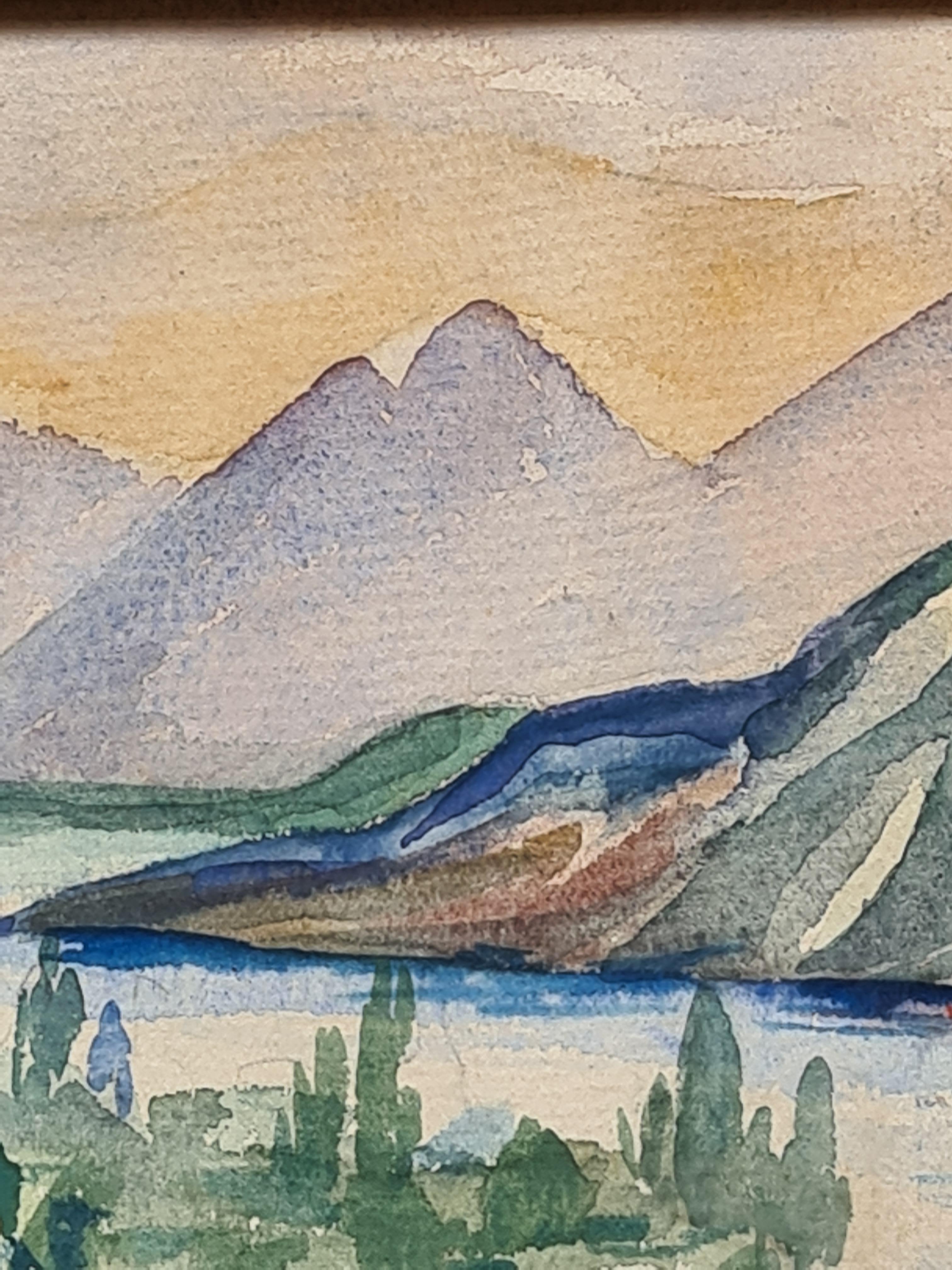 Landschaftsaquarell, See und Blick auf die Berge im Angebot 3