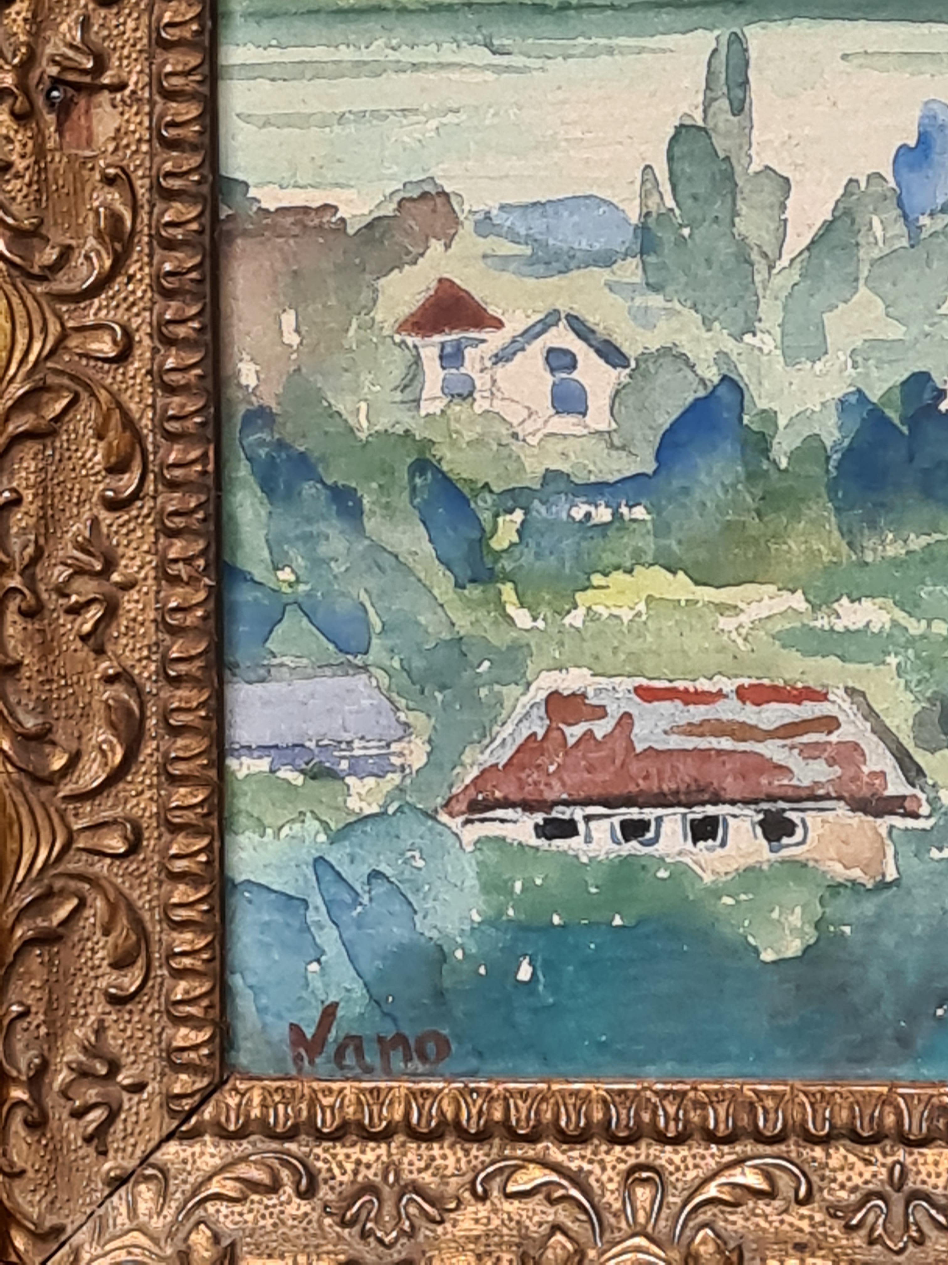 Landschaftsaquarell, See und Blick auf die Berge im Angebot 4