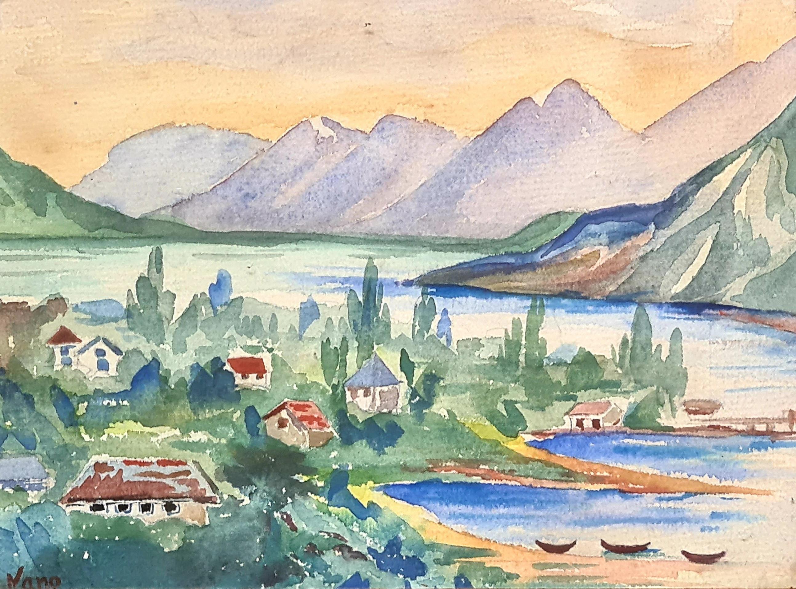 Landschaftsaquarell, See und Blick auf die Berge – Painting von Nano