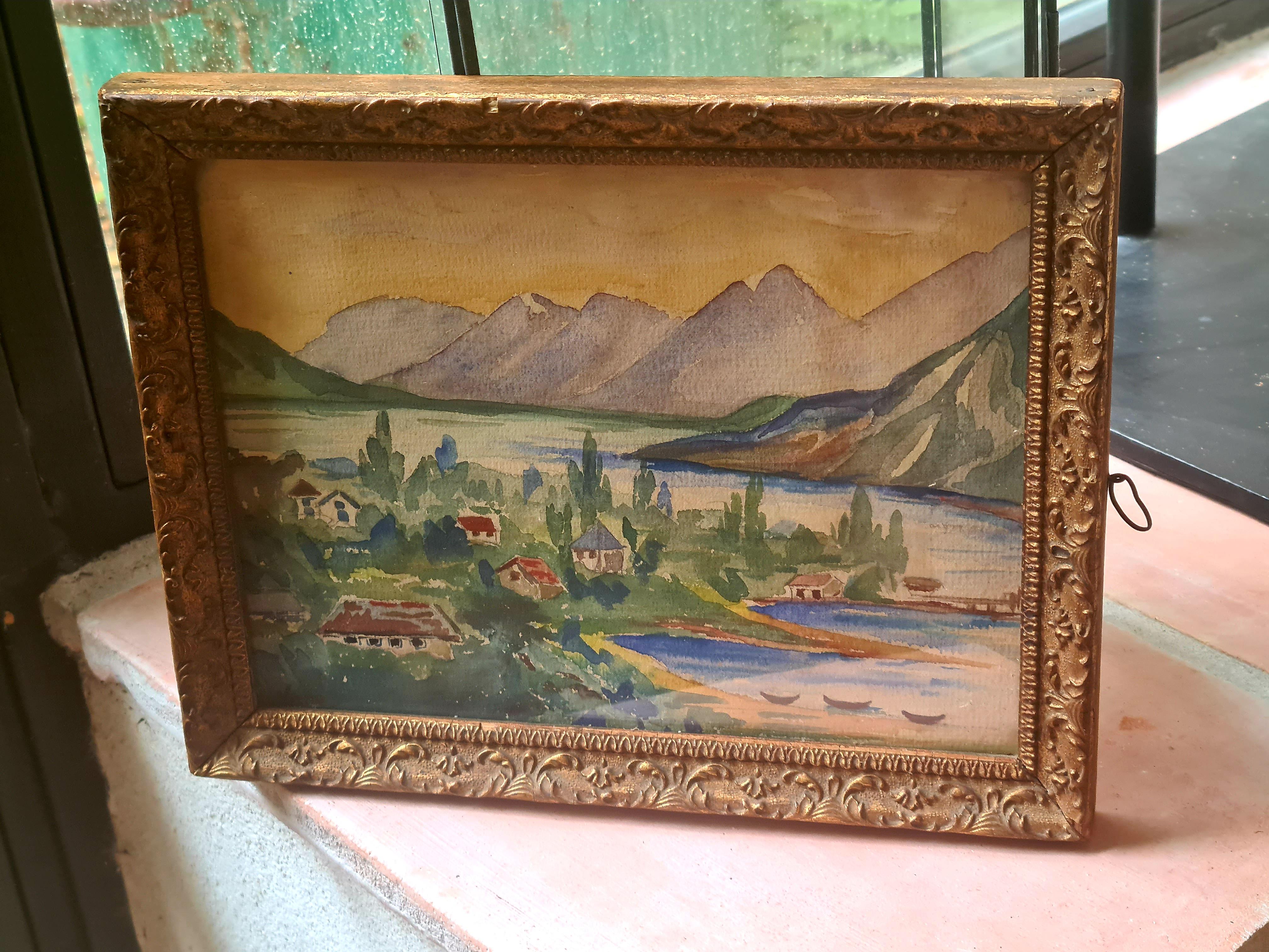 Landschaftsaquarell, See und Blick auf die Berge im Angebot 5