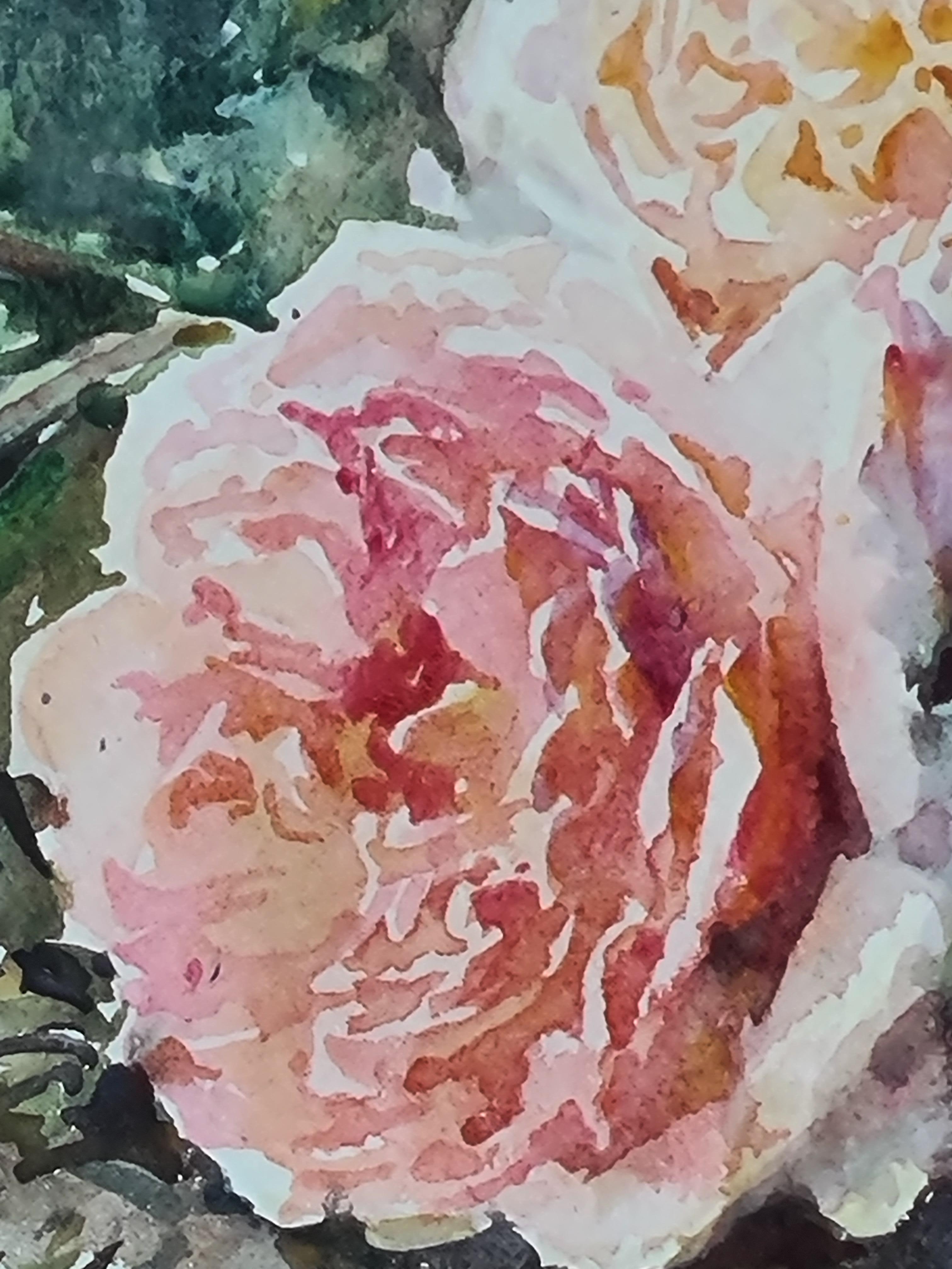 Acuarela francesa Belle Epoque, Ramo de rosas, Círculo de Henri Fantin-Latour - Still-Life Gris de Cécile Pellissier