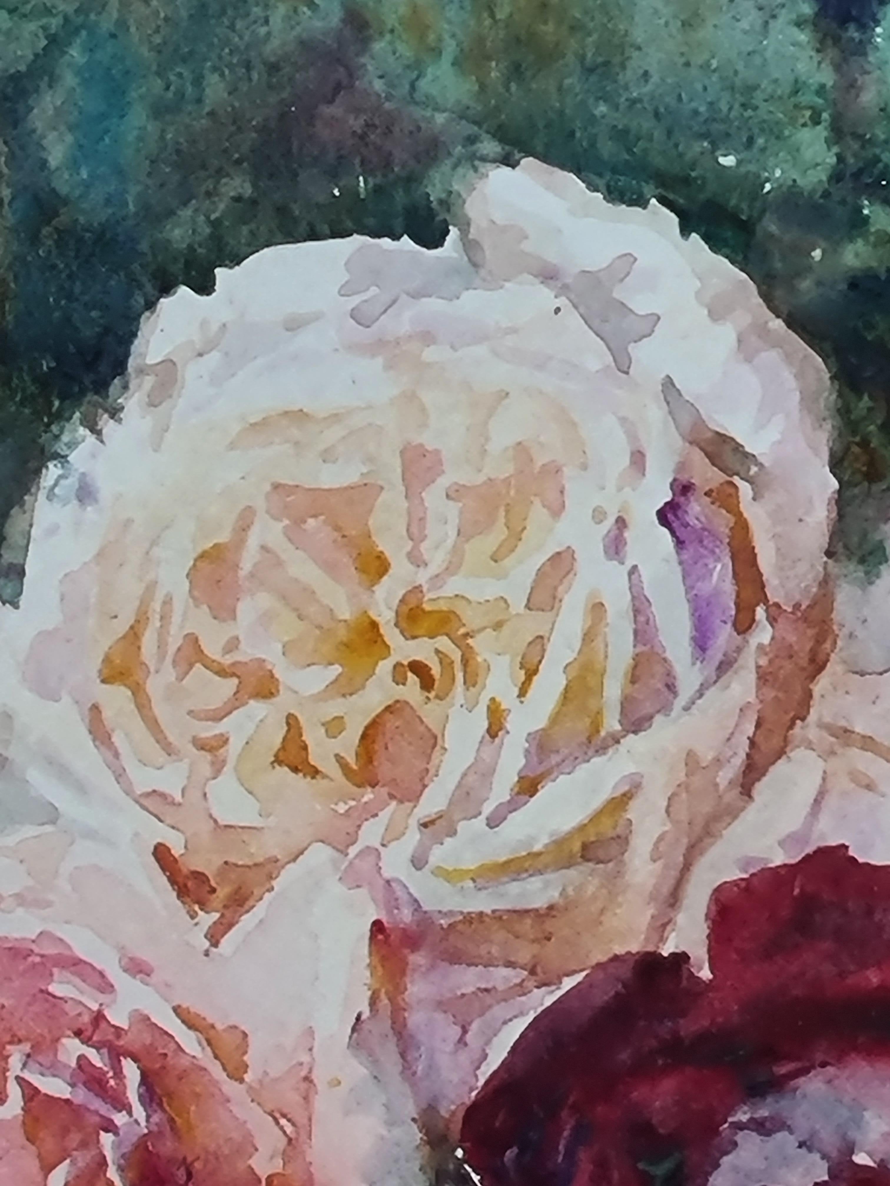 Estudio botánico de la Belle Epoque de principios del siglo XX de un ramo de rosas por Cécile Pellissier. El cuadro está firmado abajo a la derecha y se presenta en un fino marco de madera tallada y dorada bajo cristal, con una etiqueta comercial al