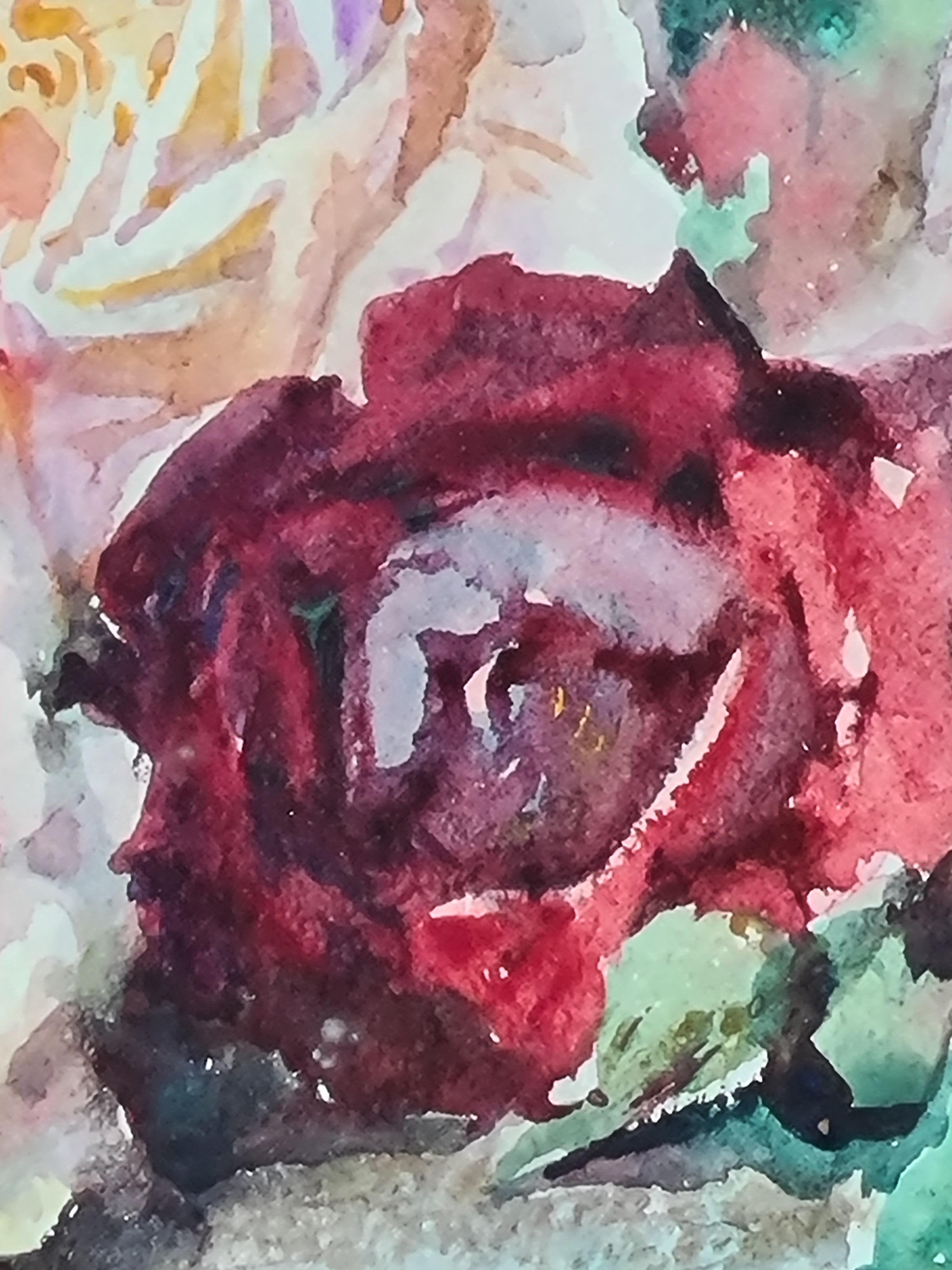 Acuarela francesa Belle Epoque, Ramo de rosas, Círculo de Henri Fantin-Latour en venta 1