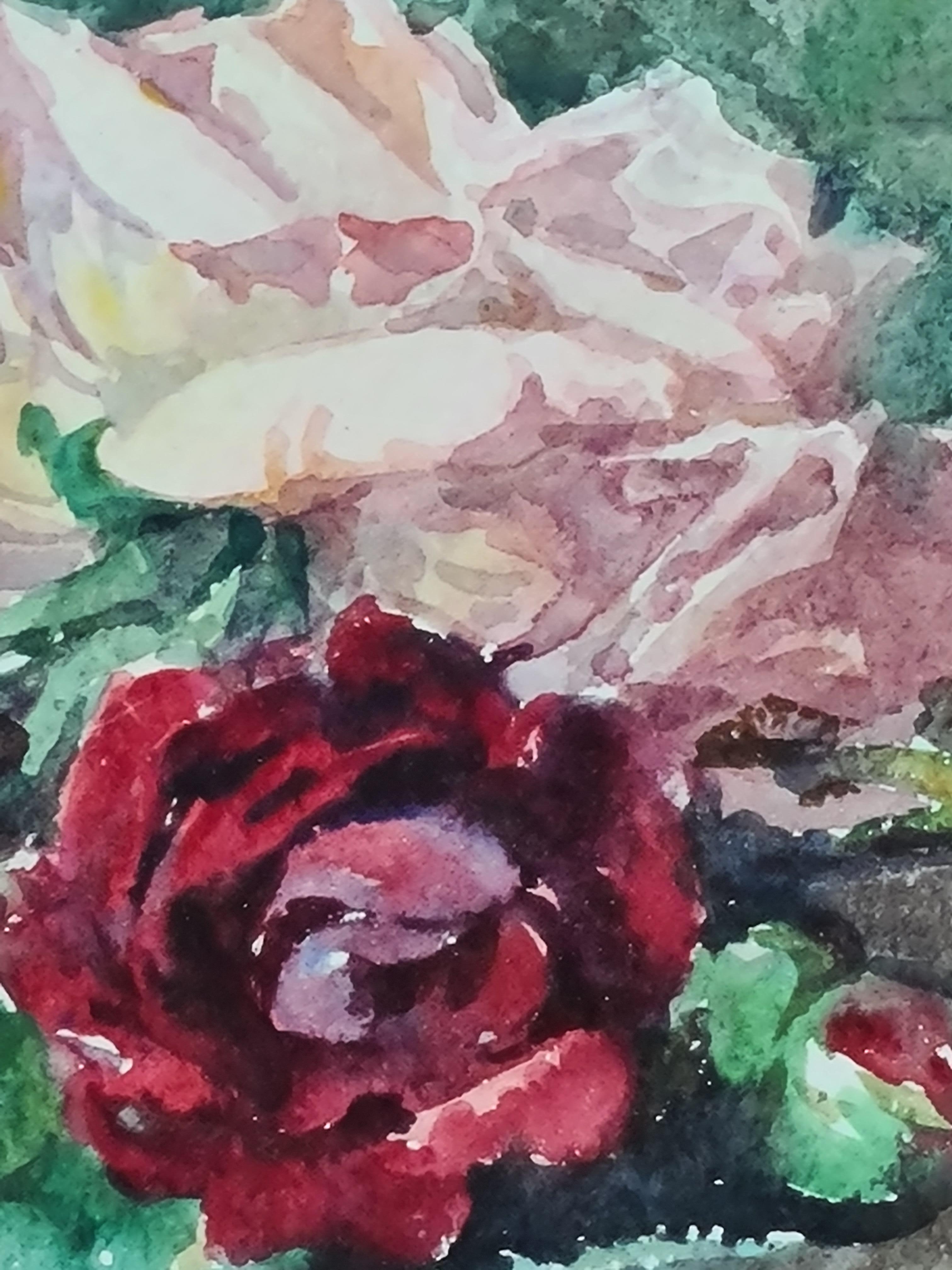 Acuarela francesa Belle Epoque, Ramo de rosas, Círculo de Henri Fantin-Latour en venta 2