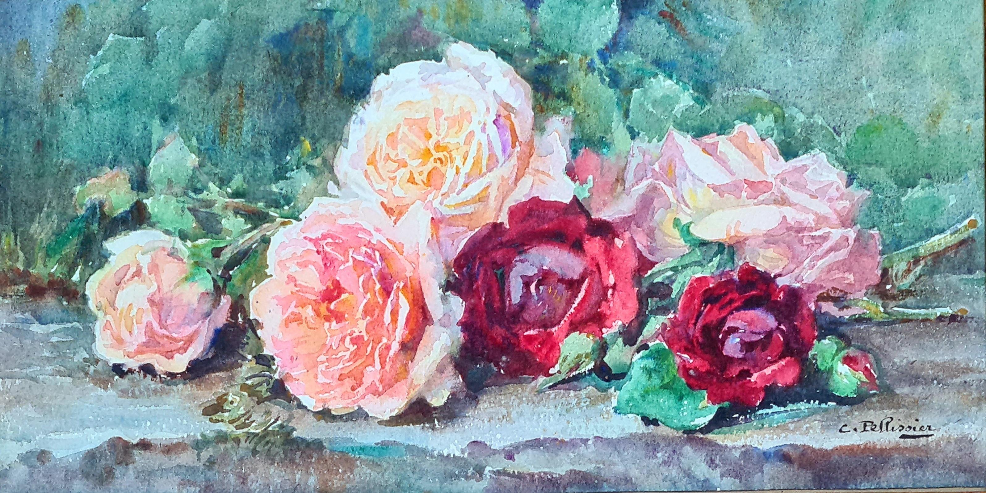 Acuarela francesa Belle Epoque, Ramo de rosas, Círculo de Henri Fantin-Latour - Art de Cécile Pellissier