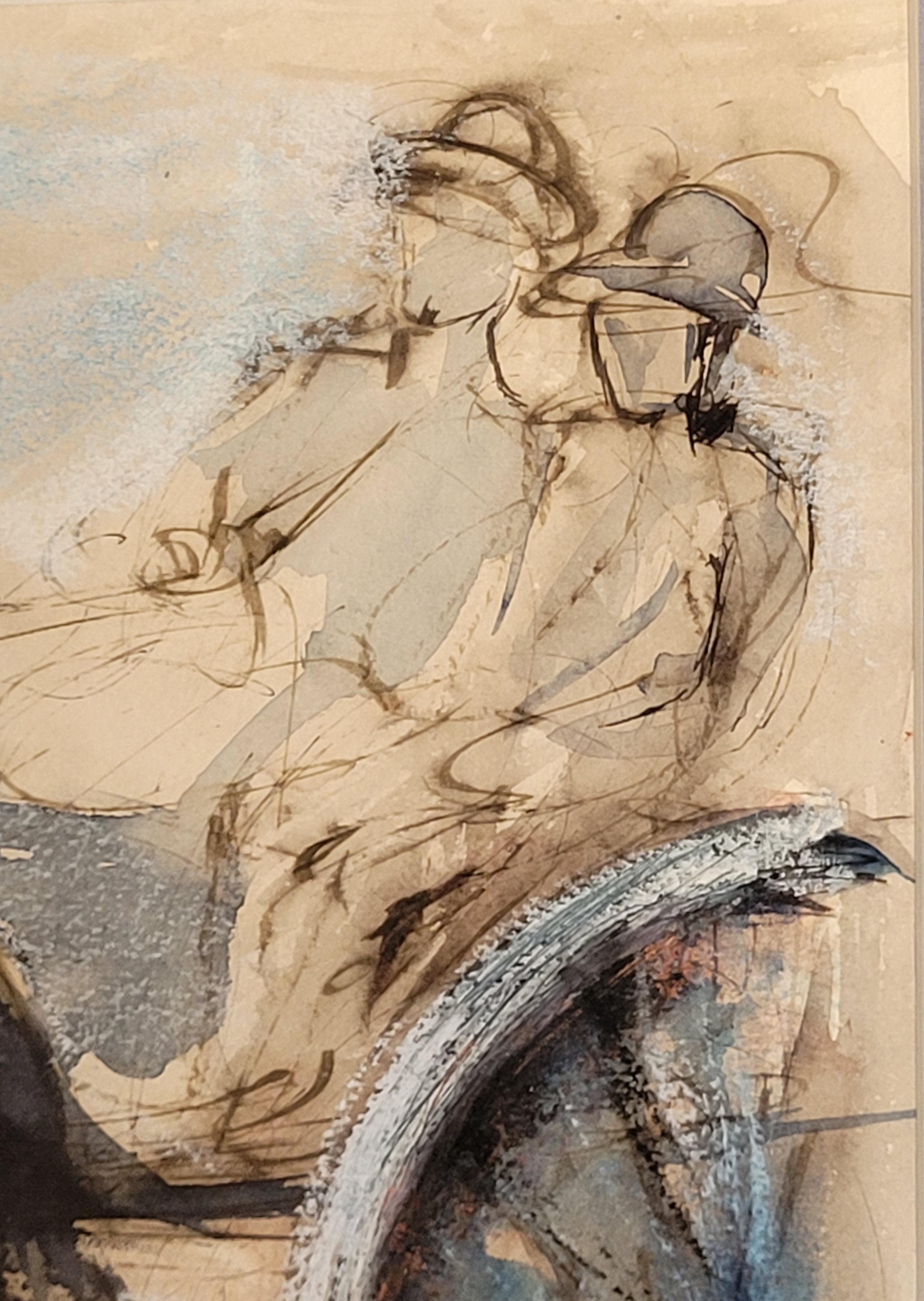 Acquerello e gouache dei primi del Novecento raffigurante un cavallo e una trappola. Firmato in basso a sinistra, ma artista sconosciuto.

Questa opera d'arte dinamica mostra un cavallo imponente che traina una carrozza a due ruote, comandata da due