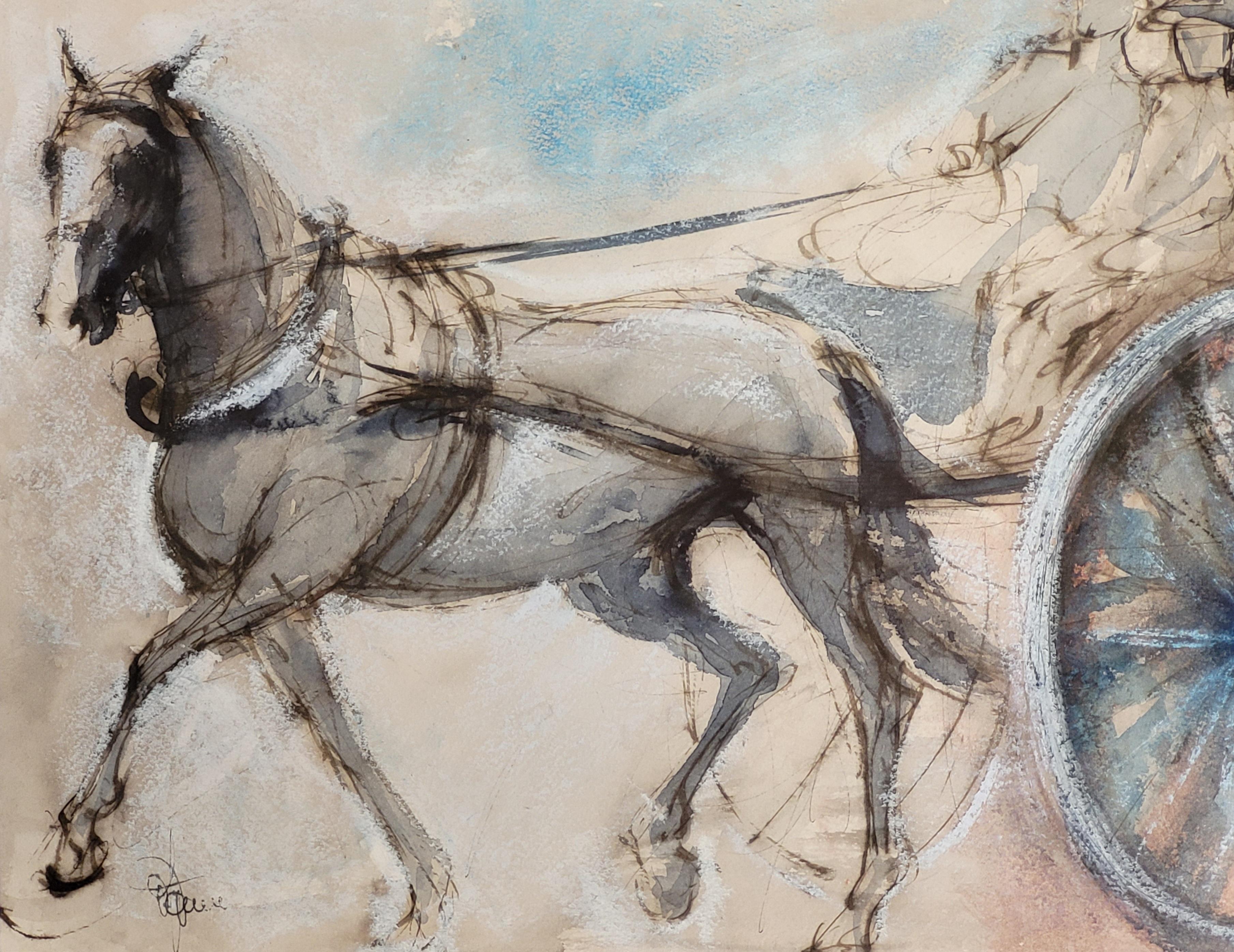 Cavallo e trappola. Guazzo e acquerello. in vendita 2