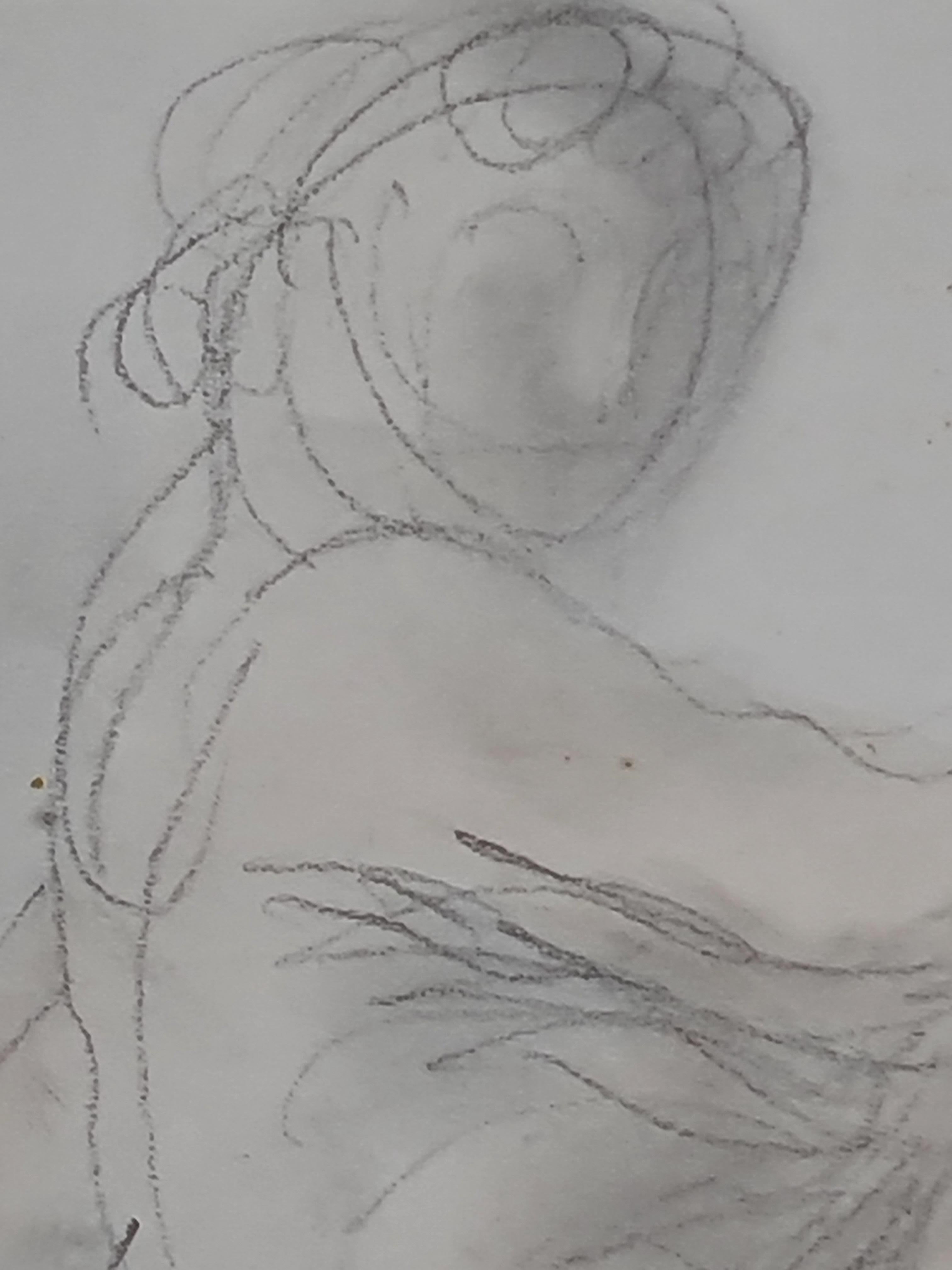 Dibujo de una mujer desnuda, estudio francés de mediados de siglo a lápiz y acuarela sobre papel del famoso escultor francés Raymond Martin. El dibujo está firmado abajo a la izquierda y se presenta en un marco plateado con montura de cartulina
