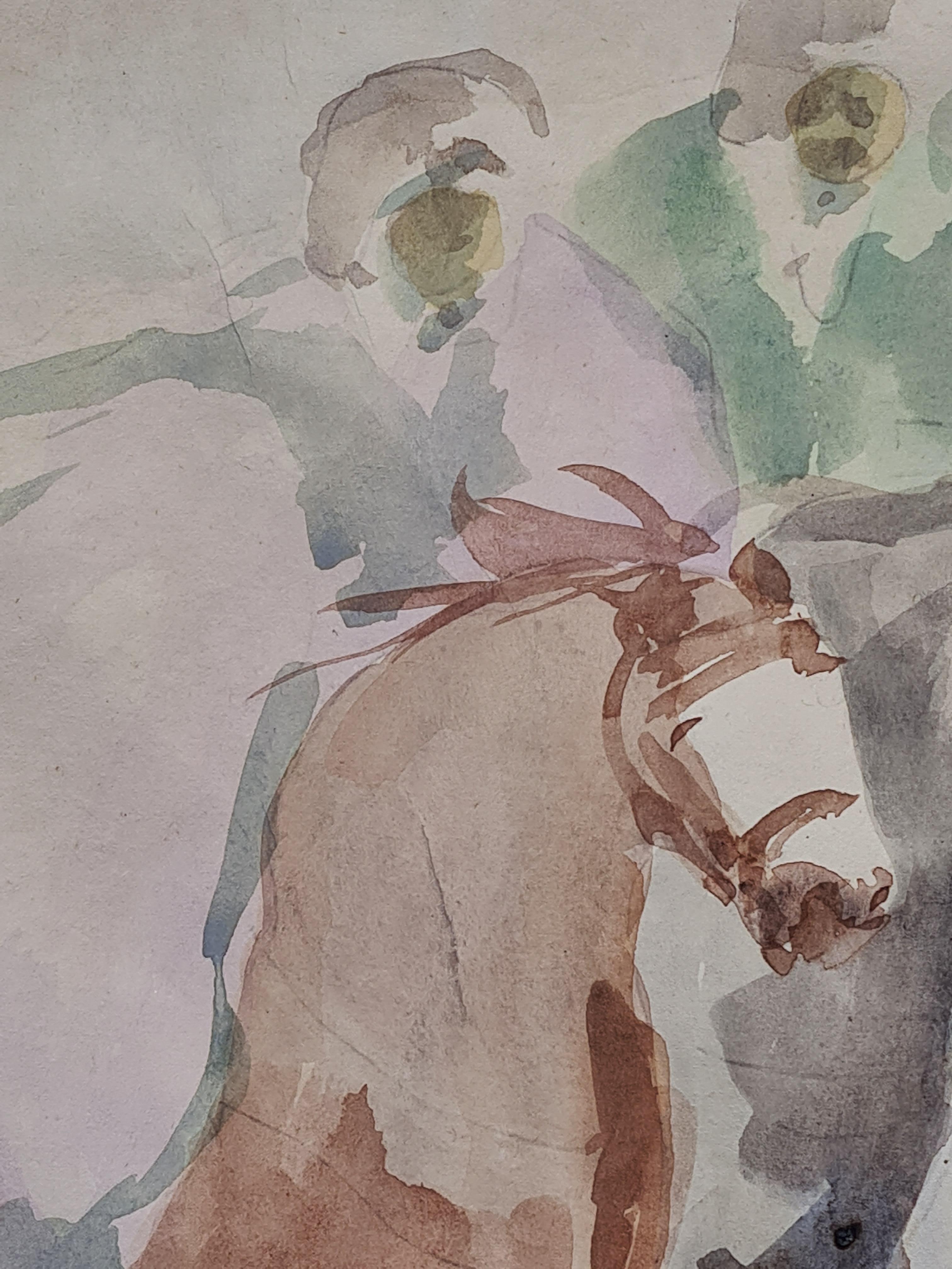 Dessin de chevaux, deux cavaliers orientaux s'affrontant, aquarelle sur papier, signée en bas à droite, présentée dans un cadre moderne en bois uni sous verre. L'œuvre rappelle les dessins de Théodore Géricault sur le même thème.

Une aquarelle