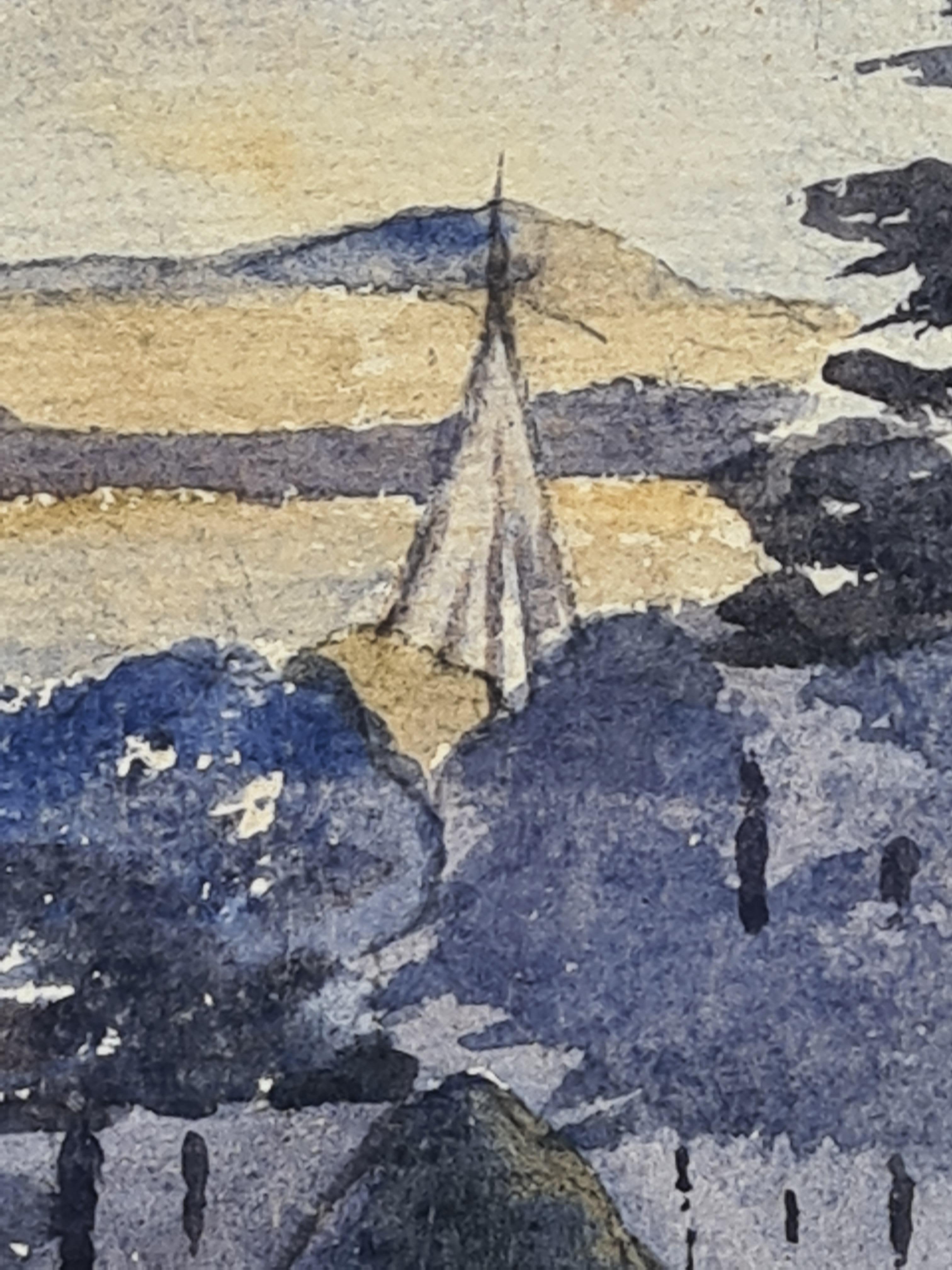 Paisaje en acuarela de la Escuela de Barbizon, pueblo y aguja de iglesia - Art de A Ghillies